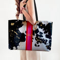 Load image into Gallery viewer, Custom Tote Bag, Large Travel Bag, Overnight, Monogram, Personalized, Letter, Initial, Black Printed Cowhide Pattern, Stripe, Red, Pink
