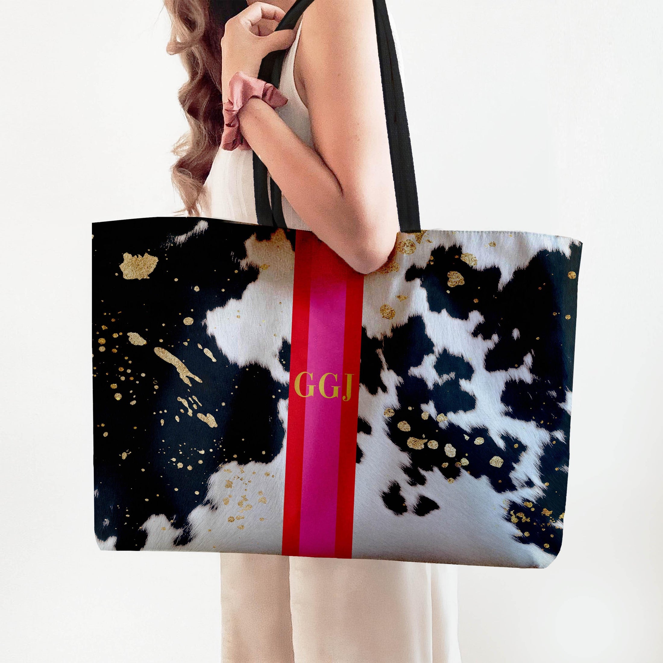 Custom Tote Bag, Large Travel Bag, Overnight, Monogram, Personalized, Letter, Initial, Black Printed Cowhide Pattern, Stripe, Red, Pink