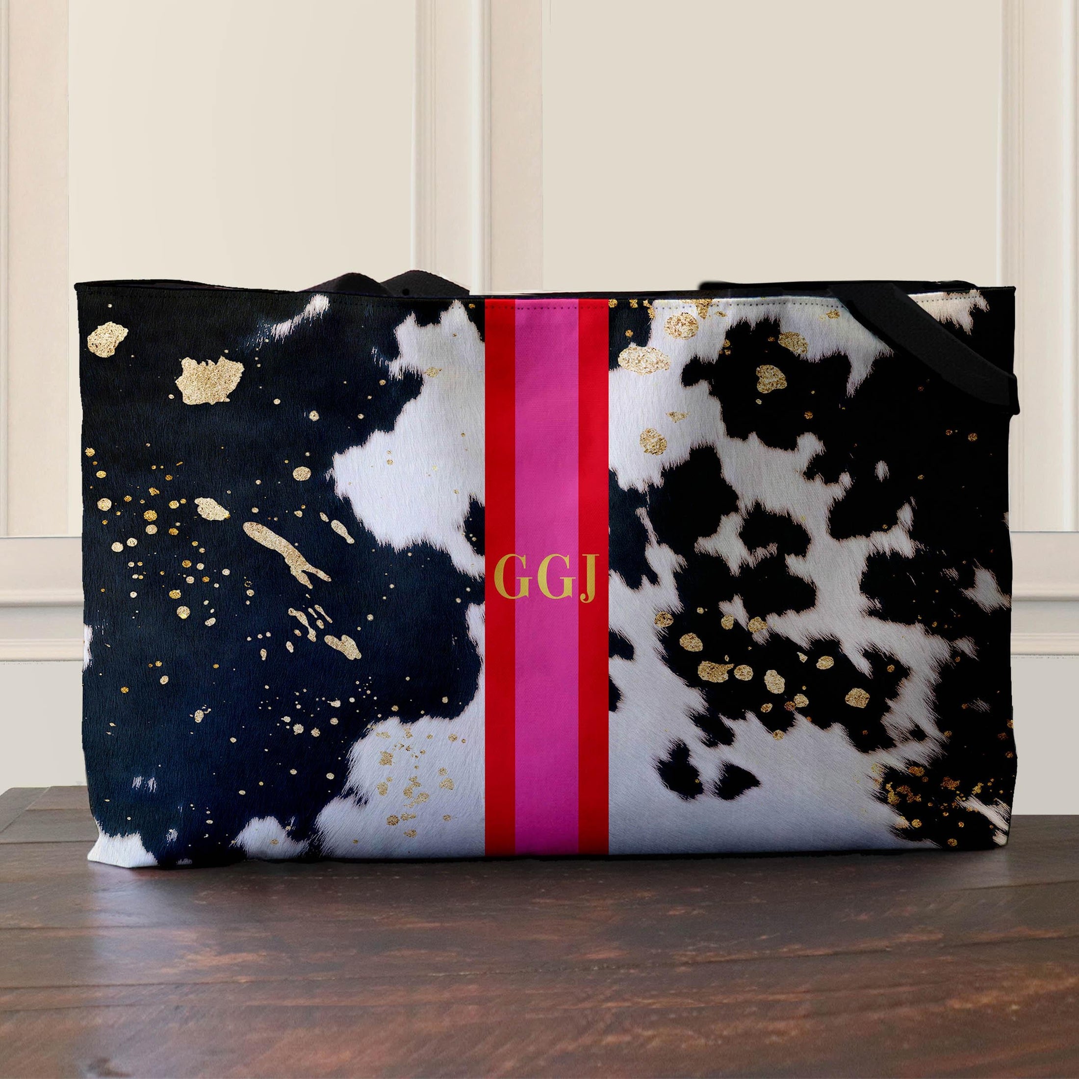 Custom Tote Bag, Large Travel Bag, Overnight, Monogram, Personalized, Letter, Initial, Black Printed Cowhide Pattern, Stripe, Red, Pink