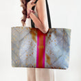 Load image into Gallery viewer, Custom Tote Bag, Large Travel Bag, Overnight, Monogram, Personalized, Letter, Initial, White Printed Cowhide Pattern, Stripe, Red, Pink
