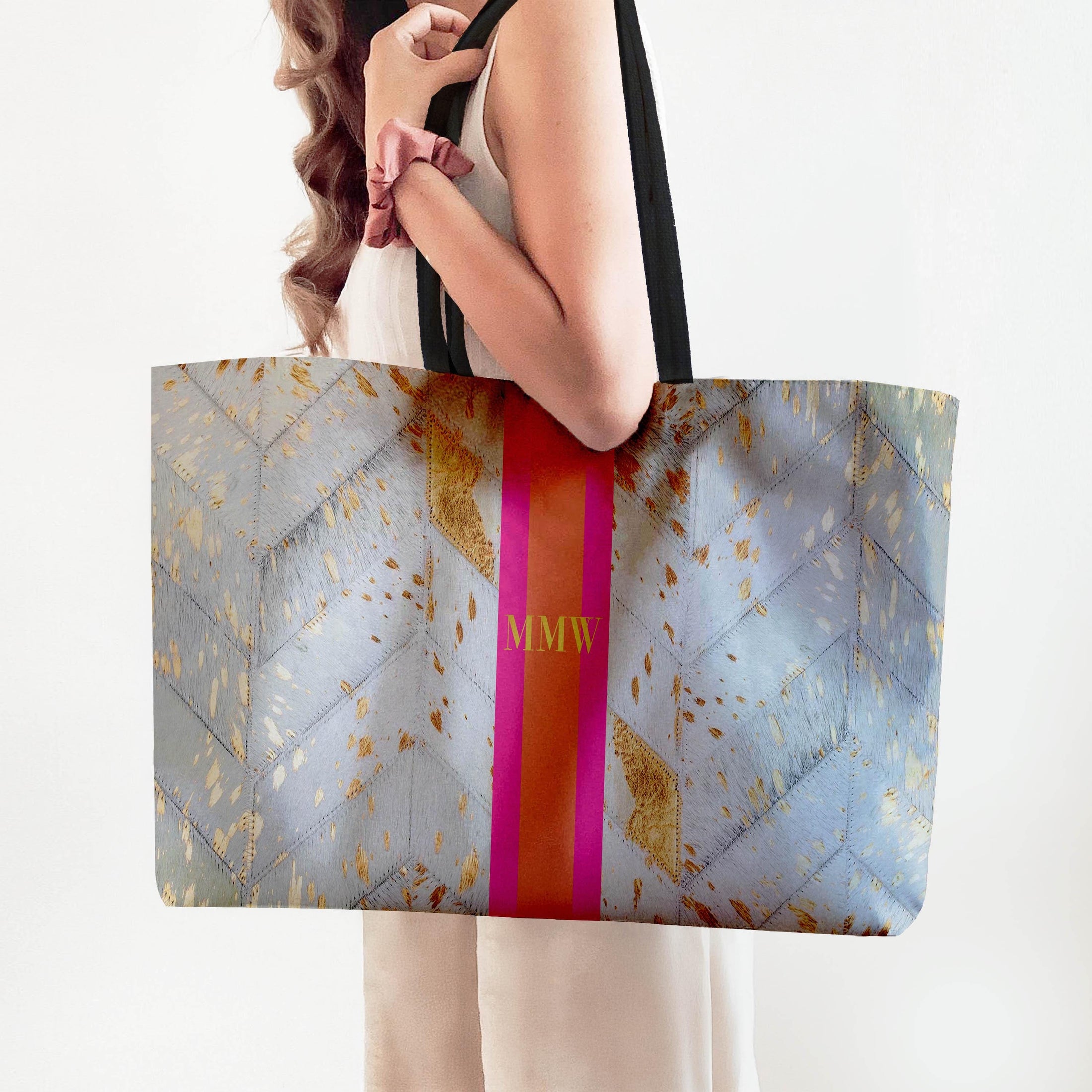 Custom Tote Bag, Large Travel Bag, Overnight, Monogram, Personalized, Letter, Initial, White Printed Cowhide Pattern, Stripe, Red, Pink