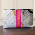 Load image into Gallery viewer, Custom Tote Bag, Large Travel Bag, Overnight, Monogram, Personalized, Letter, Initial, White Printed Cowhide Pattern, Stripe, Red, Pink
