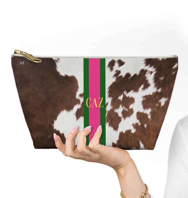 Custom Zip Bags, Pouch, Travel, Tech, Monogram, Personalized, Letter,Initial, Makeup, Accessory, Brown Printed Cowhide Design, Stripe, Pink