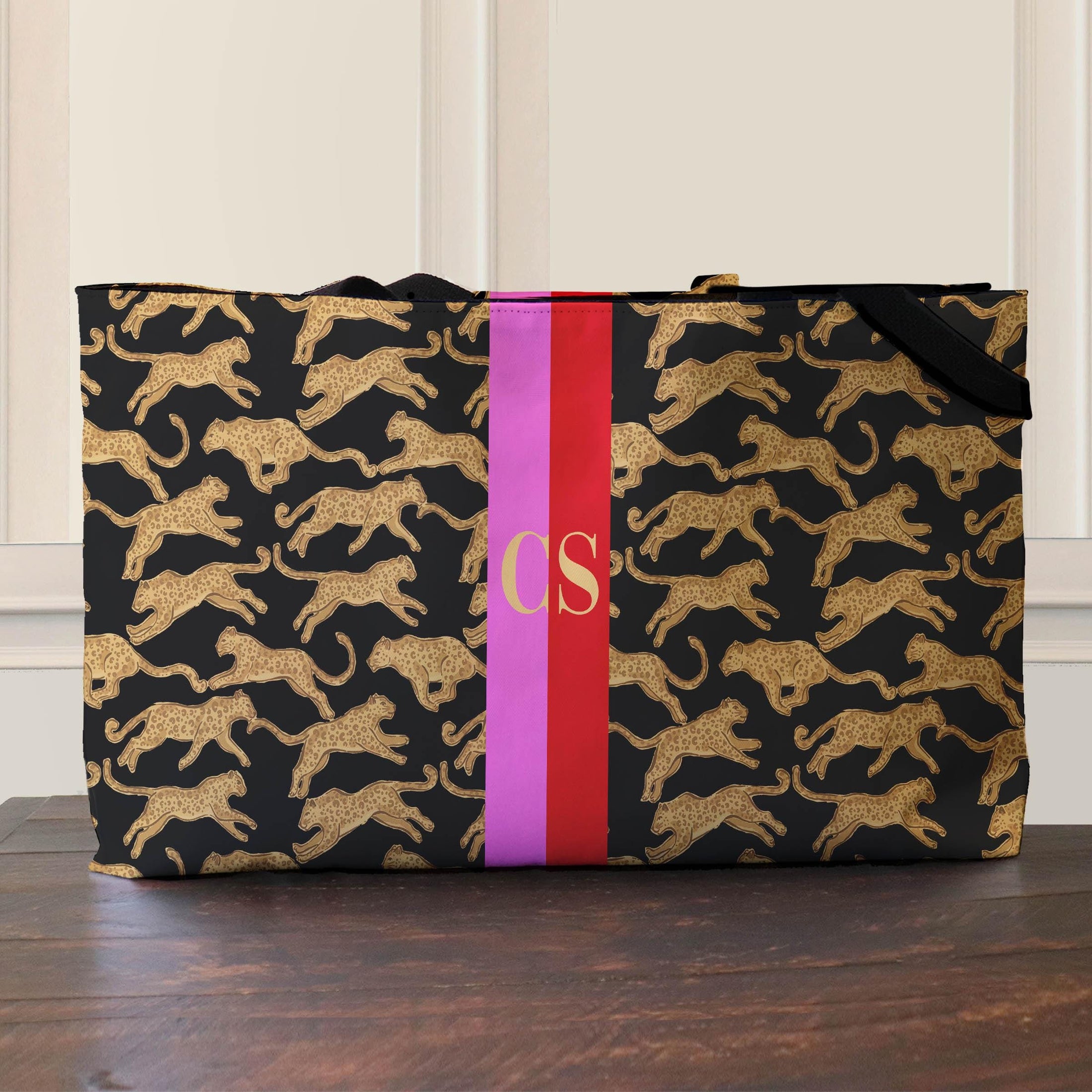 Custom Tote Bag, Large Travel Bag, Overnight, Monogram, Personalized, Letter, Initial, Leopard Cheetah, Preppy, Stripe, Red, Pink, Green