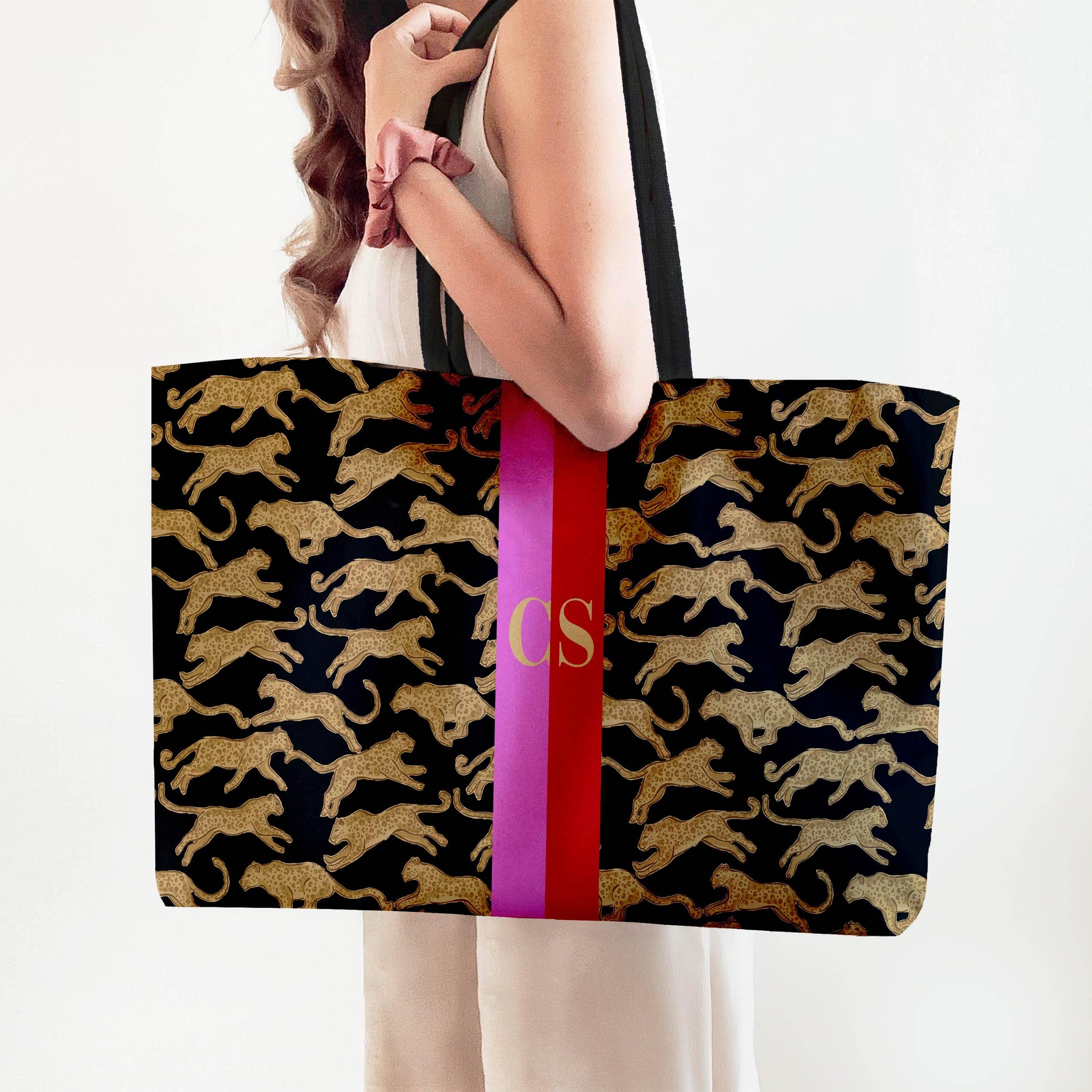 Custom Tote Bag, Large Travel Bag, Overnight, Monogram, Personalized, Letter, Initial, Leopard Cheetah, Preppy, Stripe, Red, Pink, Green
