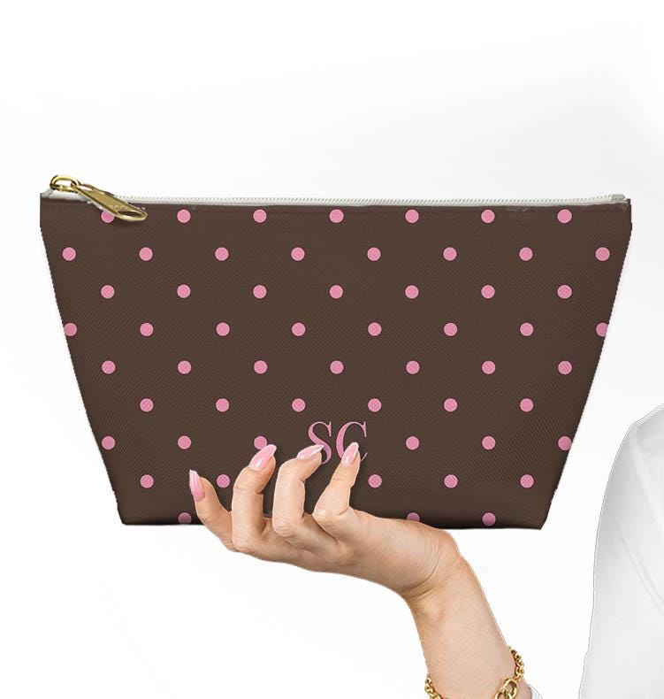 Custom Zip Bags, Pouch, Travel, Tech, Monogram, Personalized, Letter,Initial, Makeup, Accessory, Polka Dots, Brown, Pink, Green, Red, Blue