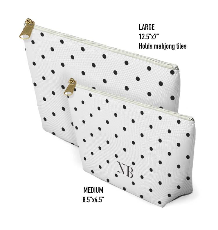 Custom Zip Bags, Pouch, Travel, Tech, Monogram, Personalized, Letter,Initial, Makeup, Accessory, Polka Dots, Brown, Pink, Green, Red, Blue
