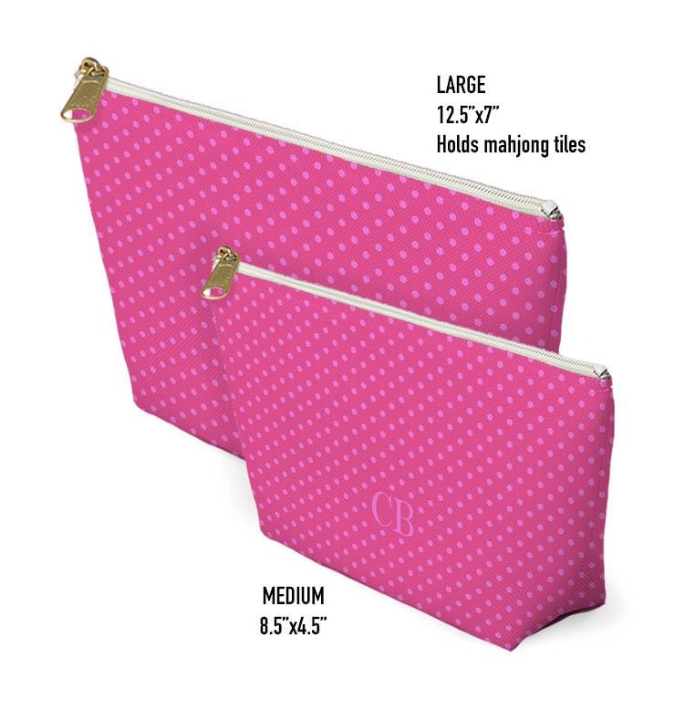 Custom Zip Bags, Pouch, Travel, Tech, Monogram, Personalized, Letter,Initial, Makeup, Accessory, Mini Polka Dots, Brown, Pink, Green, Red