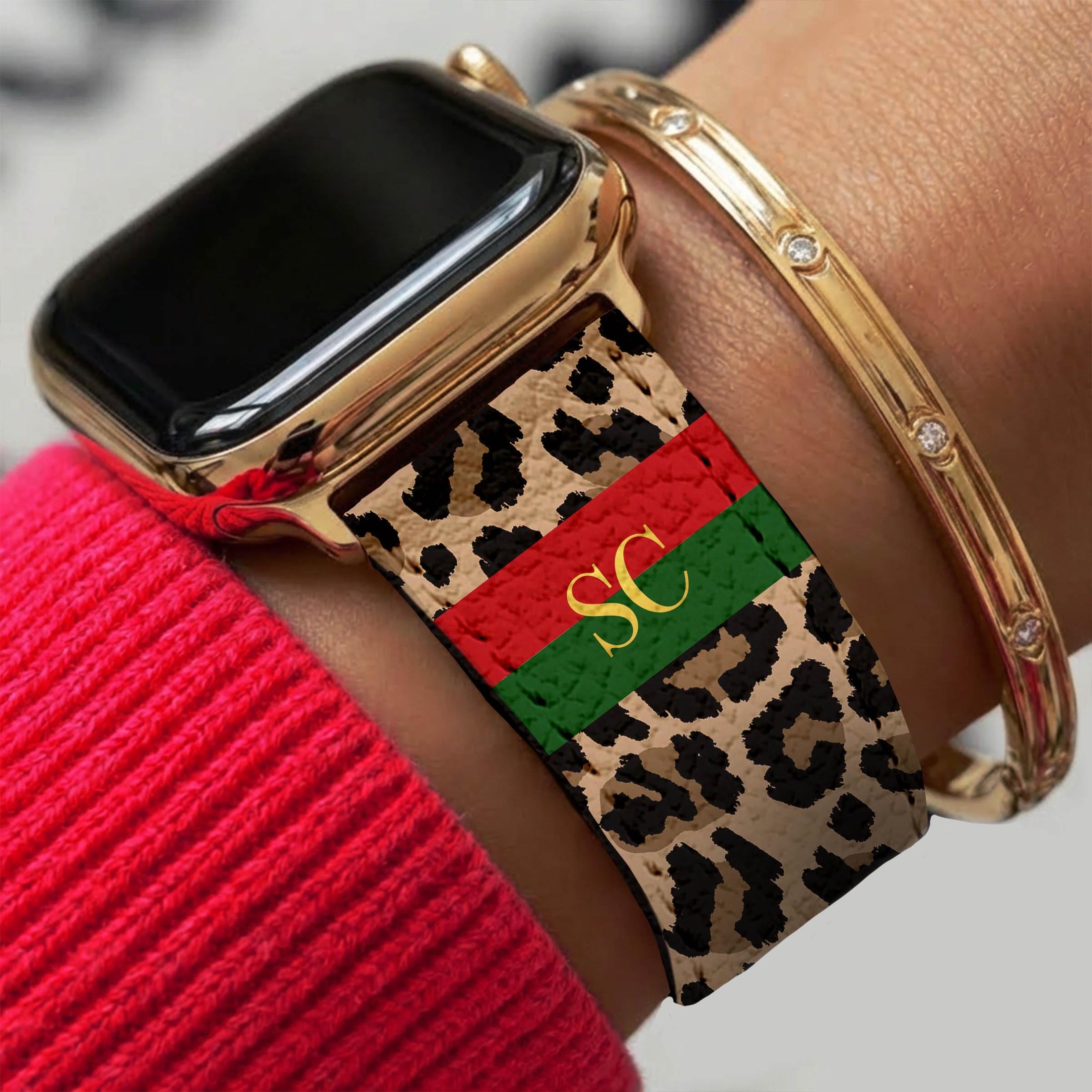 Personalized Apple Watch Band, Custom Strap, Smart Watch, 38, 40, 41, 42, 44, 45, 49, 3 4 5 6 7 8 9 10 SE, Initials, Leopard Cheetah Stripe