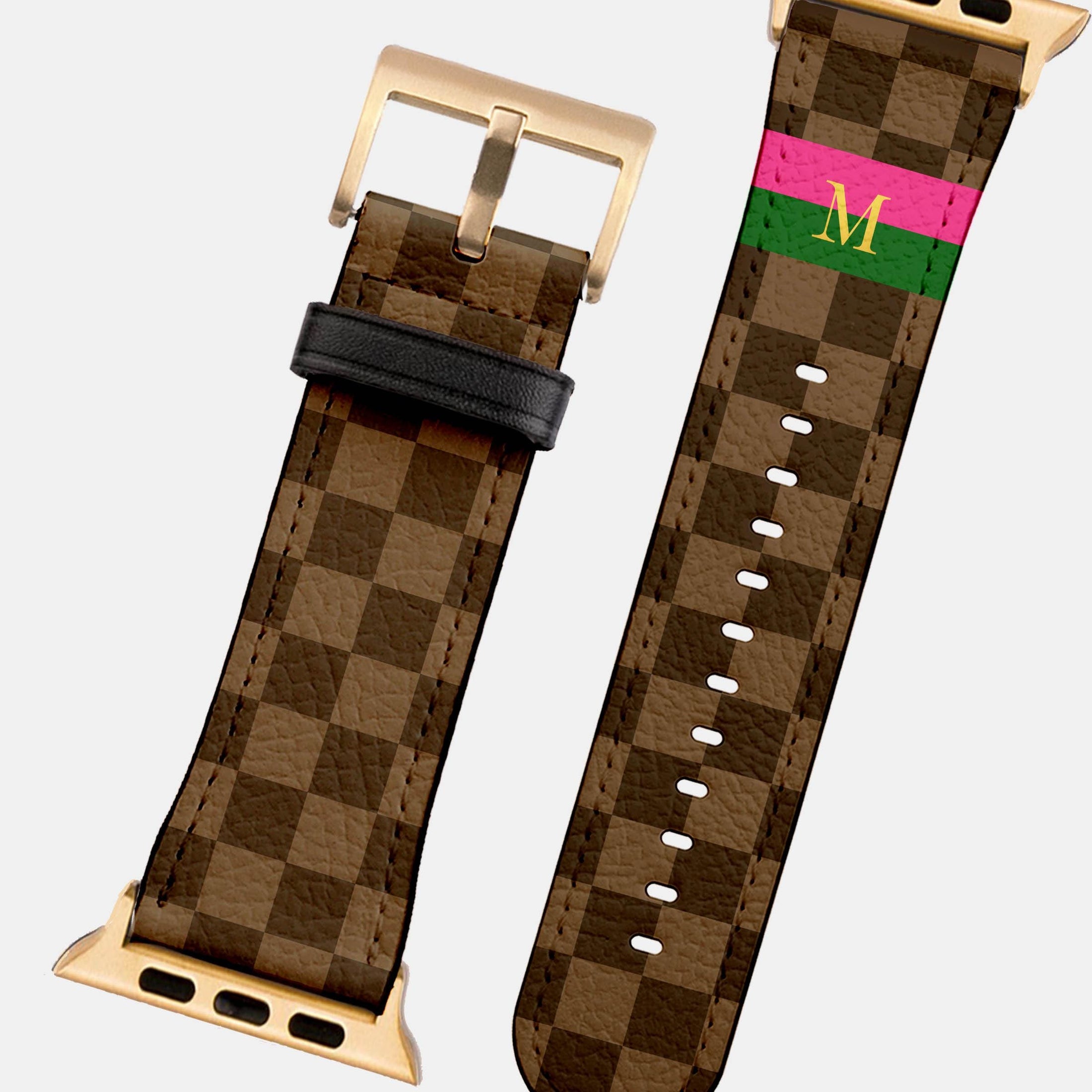 Personalized Apple Watch Band, Custom Strap, Smart Watch, 38, 40, 41, 42, 44, 45, 49, 3 4 5 6 7 8 9 10 SE, Letter, Initials, Brown Checker