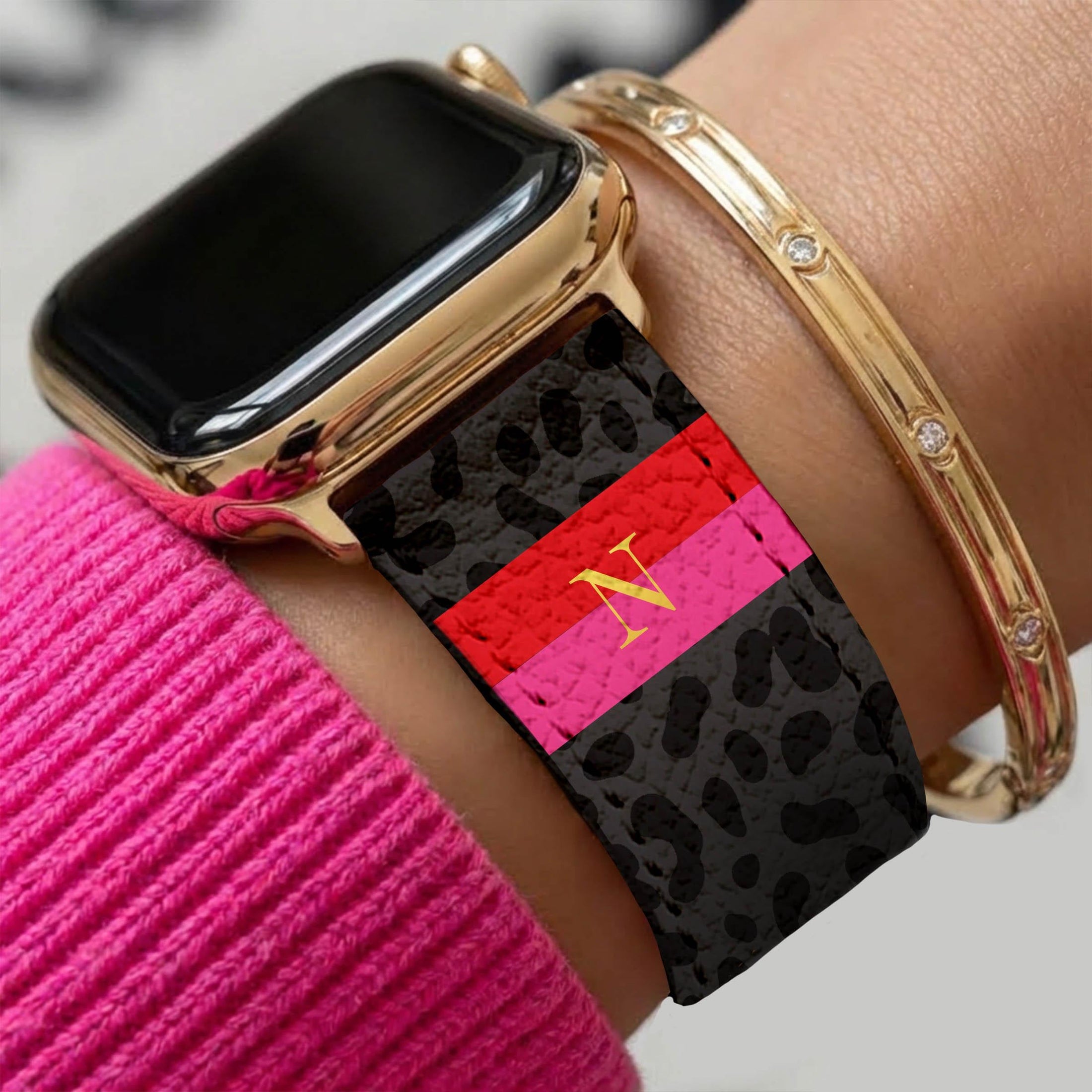 Personalized Apple Watch Band, Custom Strap, Smart Watch, 38, 40, 41, 42, 44, 45, 49, 3 4 5 6 7 8 9 10 SE, Initials, Leopard Cheetah Stripe