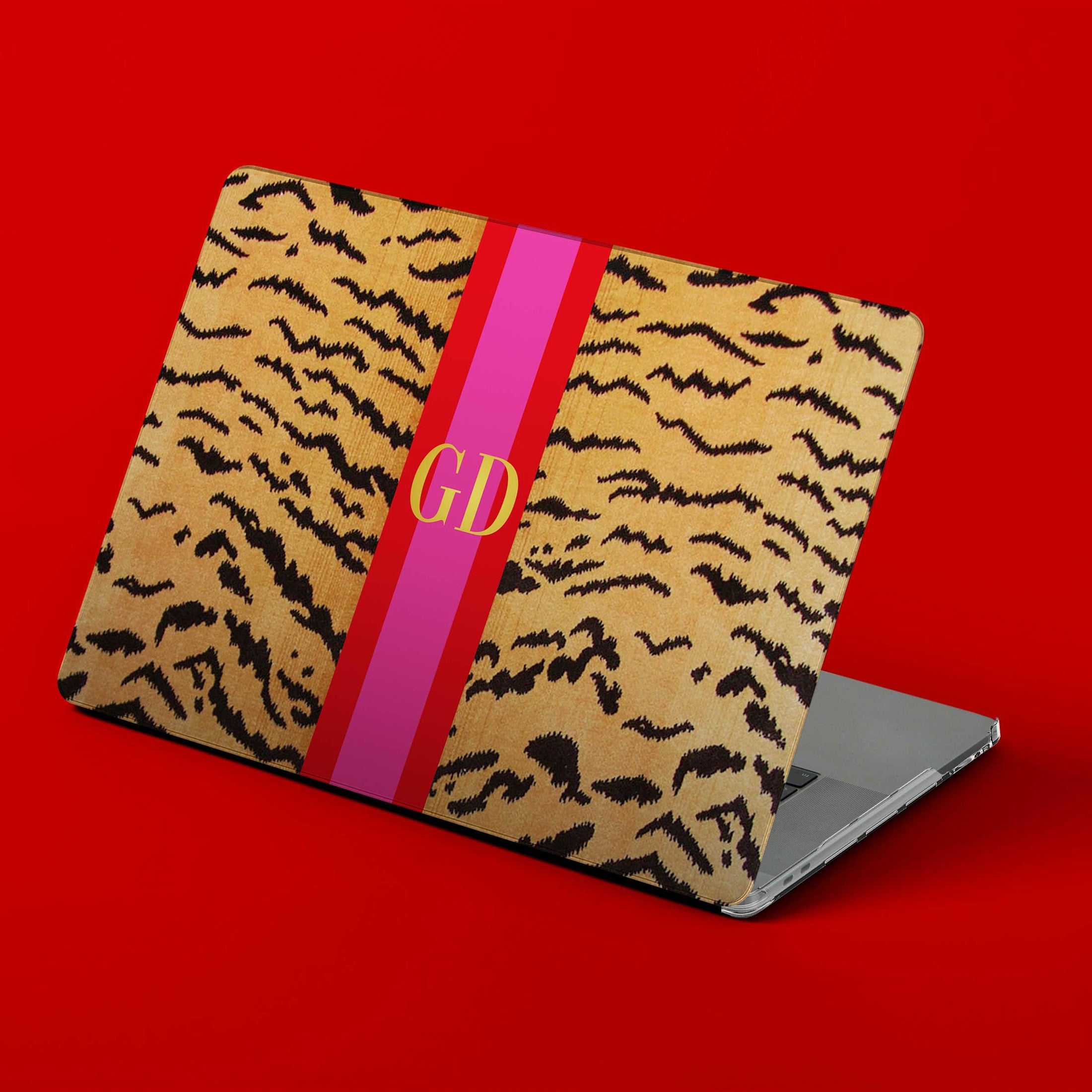 Custom MacBook Case, Air, Pro, Personalized Laptop Cover, 2-Pieces, Monogram Tech, Preppy, Tiger, Stripes, Pink, Green, Red, Orange