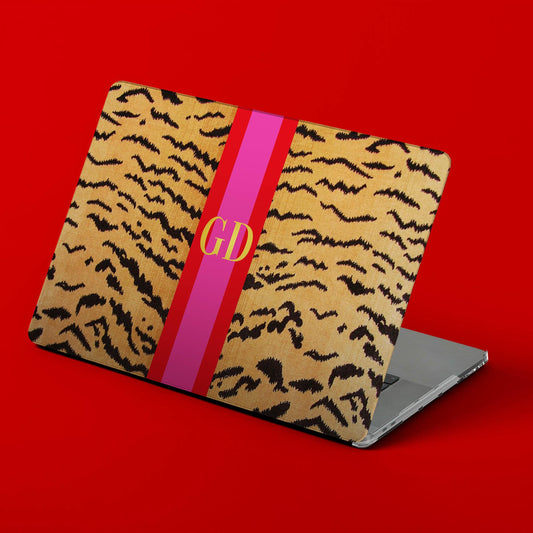 Custom MacBook Case, Air, Pro, Personalized Laptop Cover, 2-Pieces, Monogram Tech, Preppy, Tiger, Stripes, Pink, Green, Red, Orange
