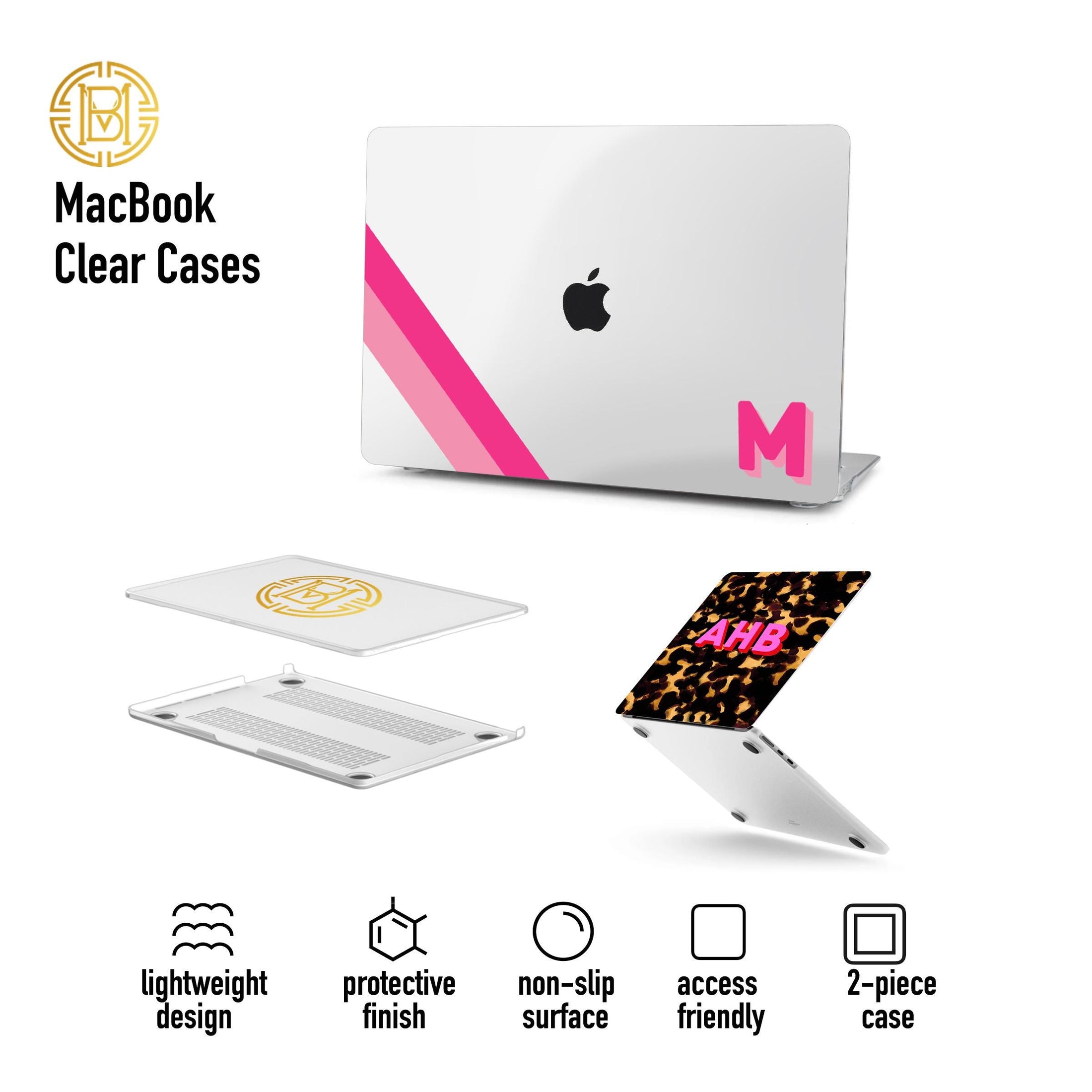 Custom MacBook Case, Air, Pro, Personalized Laptop Cover, 2-Pieces, Monogram Tech, Preppy, Tiger, Stripes, Pink, Green, Red, Orange