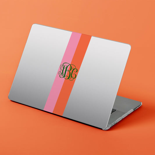 Custom MacBook Case, Air, Pro, Personalized Laptop Cover, 2-Pieces, Monogram Tech, Preppy, Initials, Stripes, Pink, Green, Blue, Red, Orange