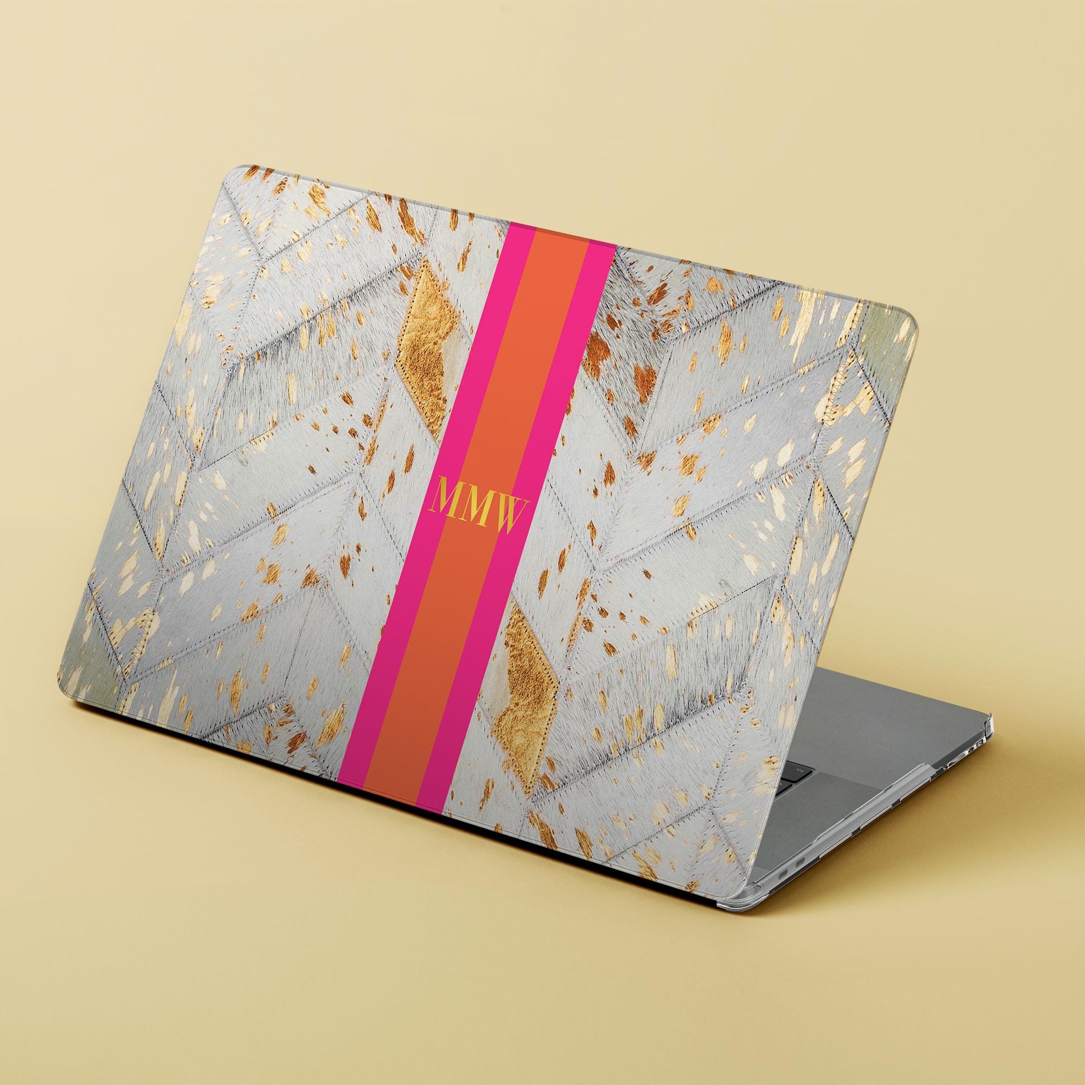 Custom MacBook Case, Air, Pro, Personalized Laptop Cover, 2-Pieces, Monogram Tech, Preppy, Printed Cowhide, Stripes, Pink, Green, Black Gold