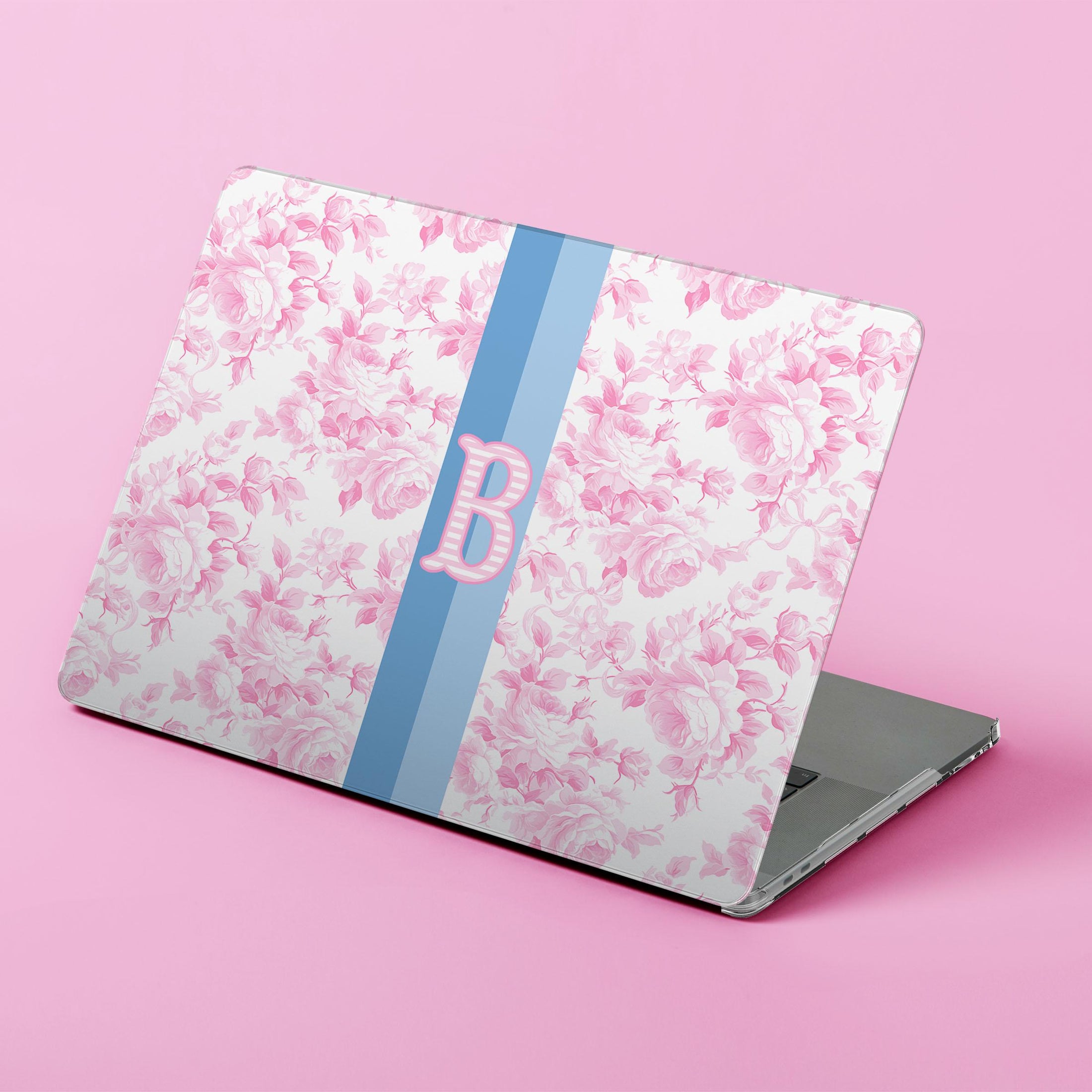 Custom MacBook Case, Air, Pro, Personalized Laptop Cover, 2-Pieces, Monogram Tech, Preppy, Love Fancy Roses, Flowers, Stripes, Pink, Blues