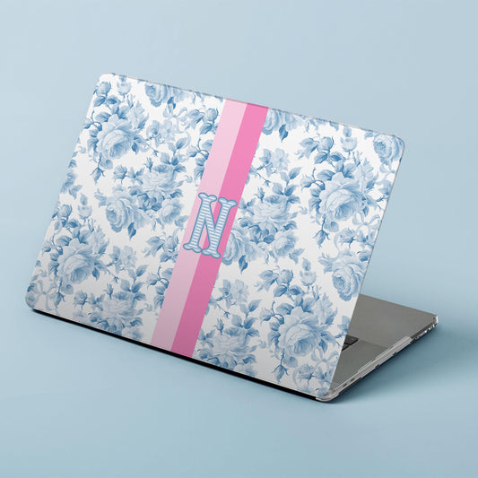 Custom MacBook Case, Air, Pro, Personalized Laptop Cover, 2-Pieces, Monogram Tech, Preppy, Love Fancy Roses, Flowers, Stripes, Pink, Blues