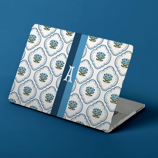 Custom MacBook Case, Air, Pro, Personalized Laptop Cover, 2-Pieces, Monogram Tech, Preppy, Grand Millennial, Dainty Flowers, Stripes, Blue
