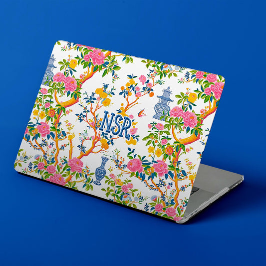 Custom MacBook Case, Air, Pro, Personalized Laptop Cover, 2-Pieces, Monogram Tech, Preppy, Chinoiserie, Japanese, Pagoda, Blue, Pink