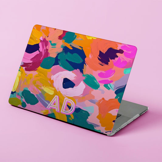 Custom MacBook Case, Air, Pro, Personalized Laptop Cover, 2-Pieces, Monogram Tech, Preppy, Fun Bright Watercolor Flowers, Shadow Initials