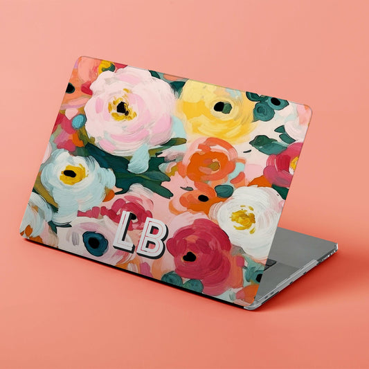 Custom MacBook Case, Air, Pro, Personalized Laptop Cover, 2-Pieces, Monogram Tech, Preppy, Fun Bright Watercolor Flowers, Shadow Initials