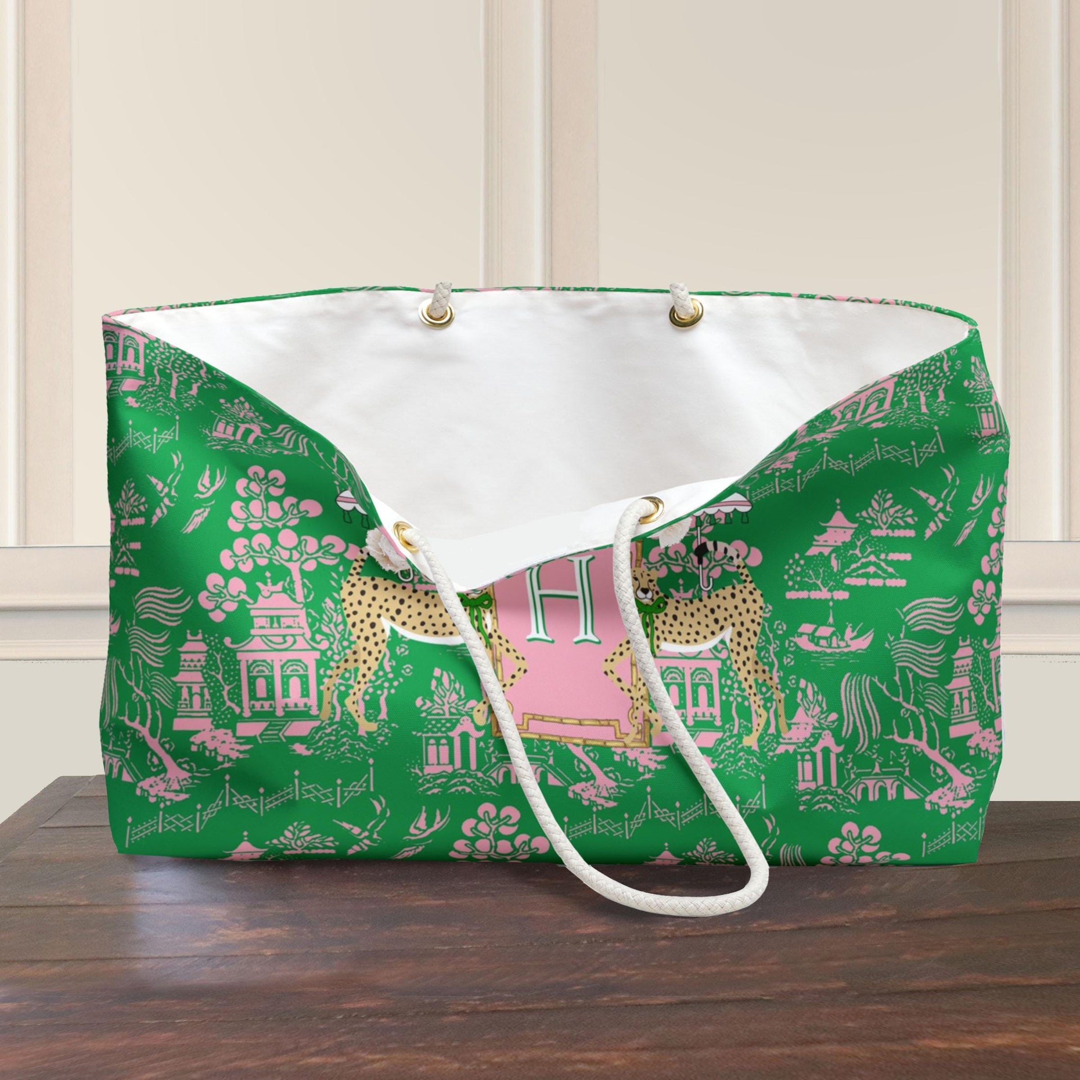 Custom Mahjong Tote Bag, Large Travel Bag, Monogram, Rope, Personalized, Letter, Initial, Dice, Toile, Chinoiserie, Leopards, Mahjong Gift