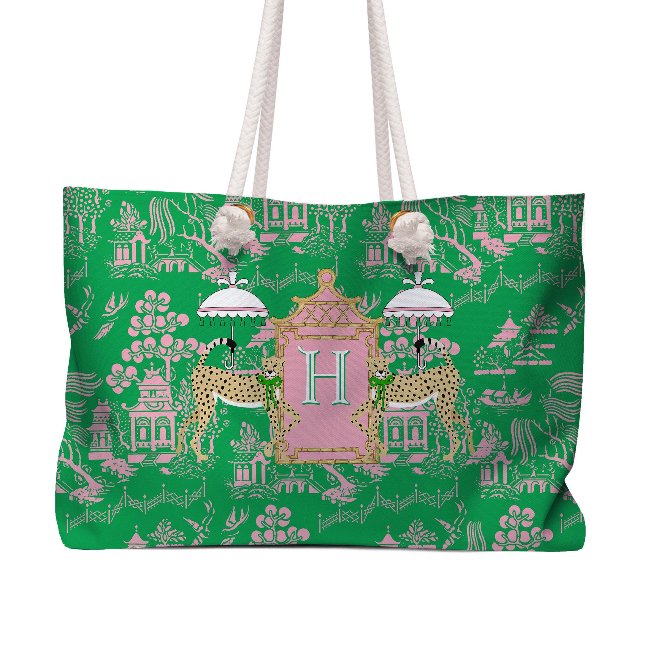 Custom Mahjong Tote Bag, Large Travel Bag, Monogram, Rope, Personalized, Letter, Initial, Dice, Toile, Chinoiserie, Leopards, Mahjong Gift