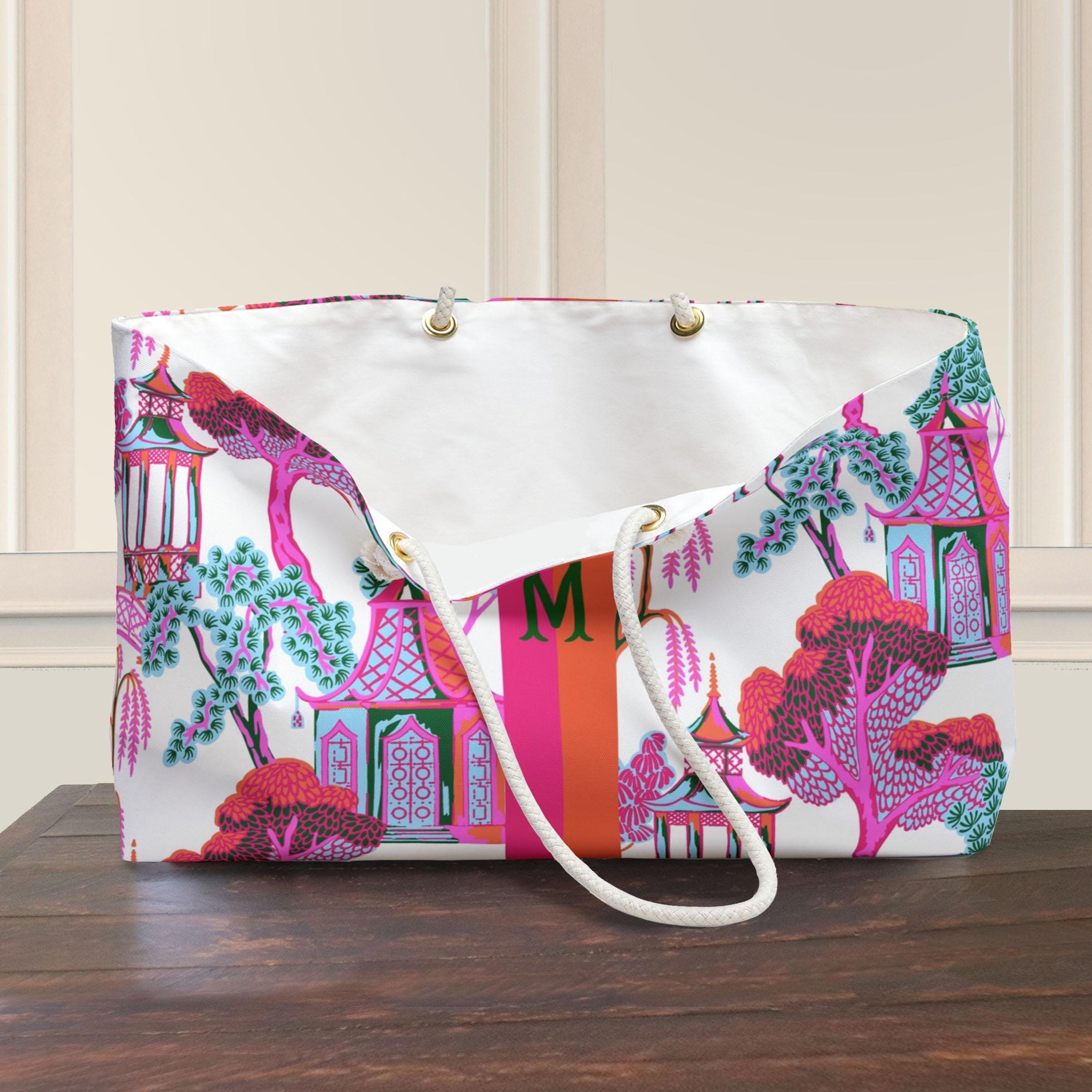Custom Mahjong Tote Bag, Large Travel Bag, Monogram, Rope, Personalized, Letter, Initial, Dice, Chinoiserie, Pagoda, Fun, Mahjong Gift