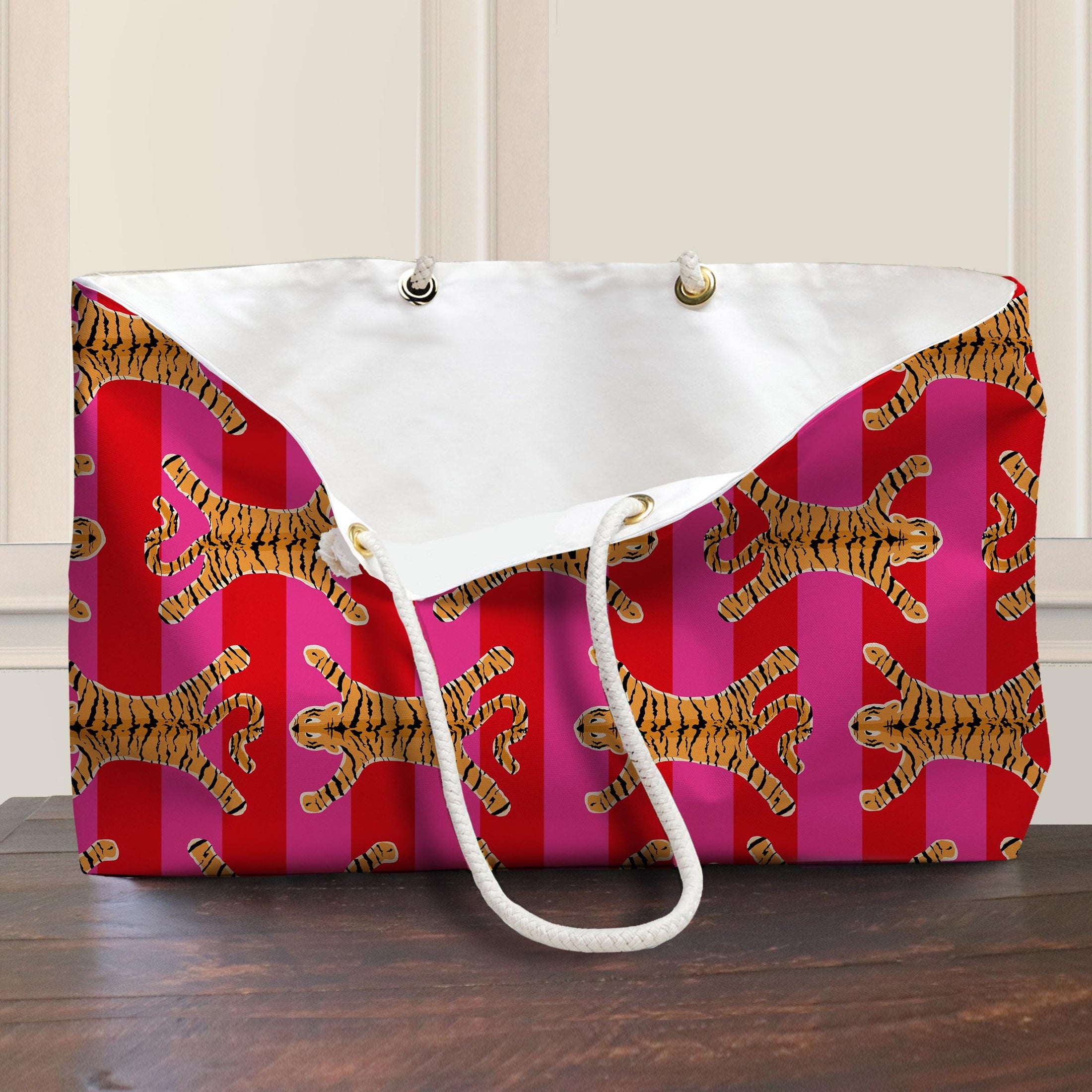 Custom Tote Bag, Large Travel Bag, Monogram, Rope, Personalized, Letter, Name, Initial, Preppy, Tiger Rug, Stripes, Mahjong Bag, Gift