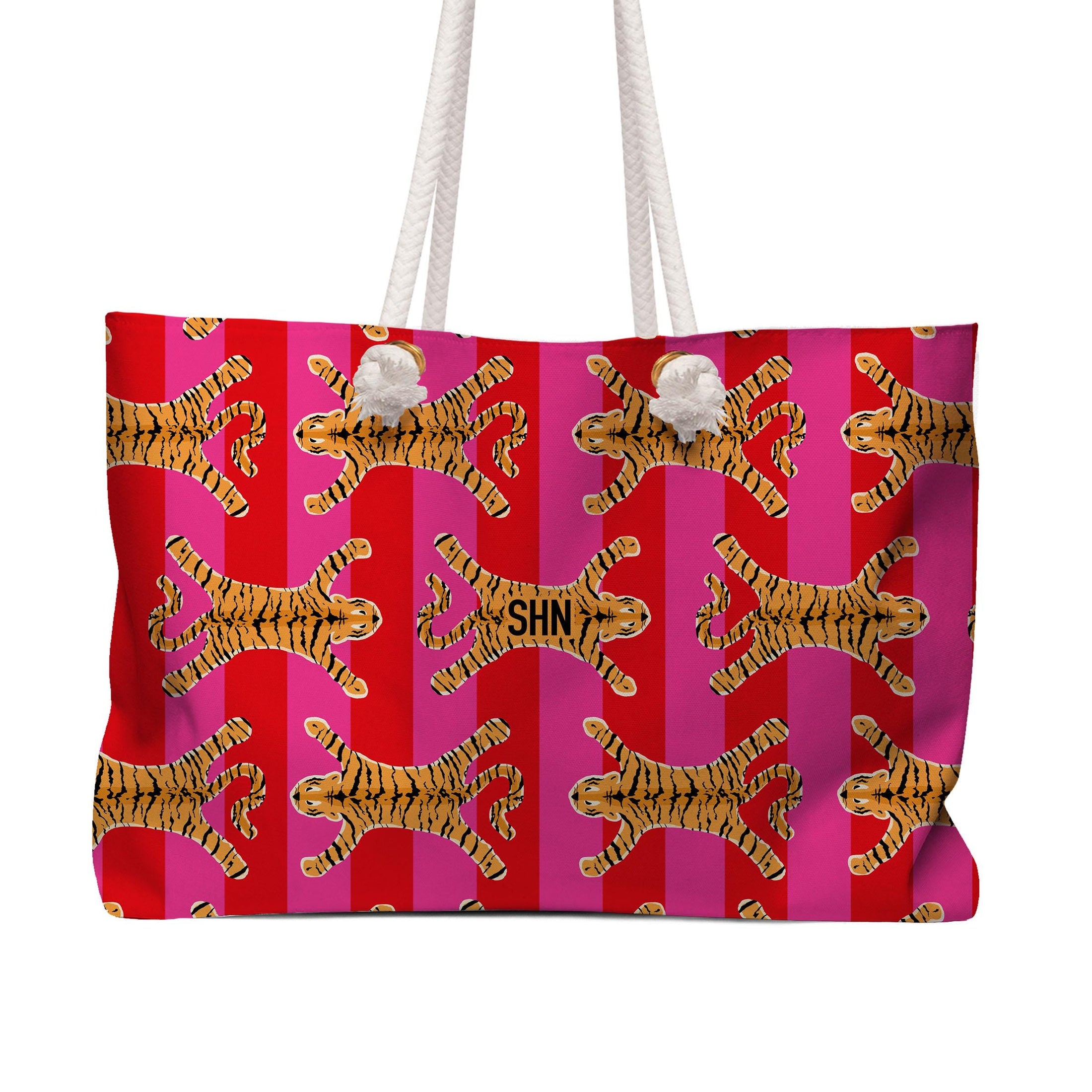 Custom Tote Bag, Large Travel Bag, Monogram, Rope, Personalized, Letter, Name, Initial, Preppy, Tiger Rug, Stripes, Mahjong Bag, Gift
