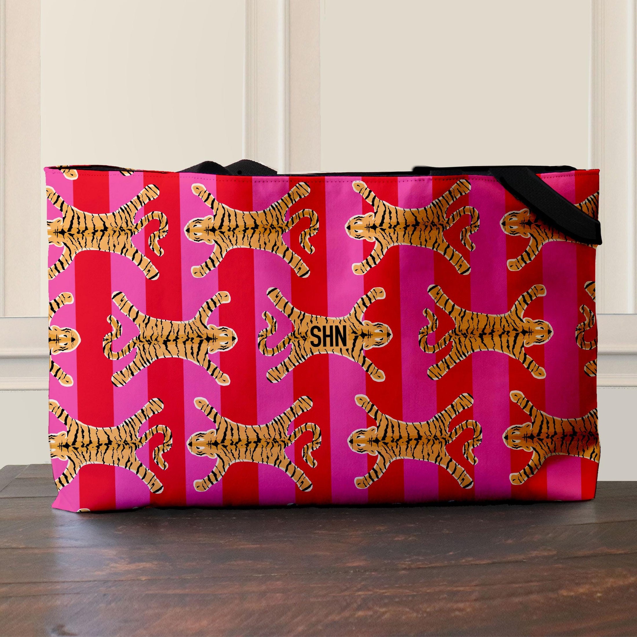 Custom Tote Bag, Large Travel Bag, Monogram, Rope, Personalized, Letter, Name, Initial, Preppy, Tiger Rug, Stripes, Mahjong Bag, Gift