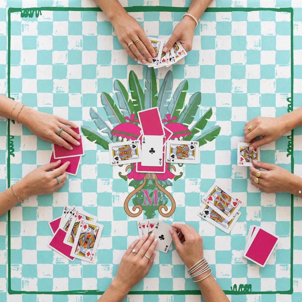 Custom Mahjong Tablecloth, Card Game Table Cover, Monogram, Personalized, Letter, Initial, Preppy Monkeys, Checker, Tropical Pink