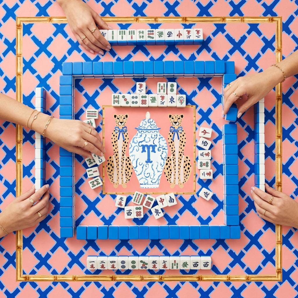Custom Mahjong Tablecloth, Card Game Table Cover, Monogram, Personalized, Letter, Initial, Preppy, Ginger Jar, Leopards, Peachy Blue