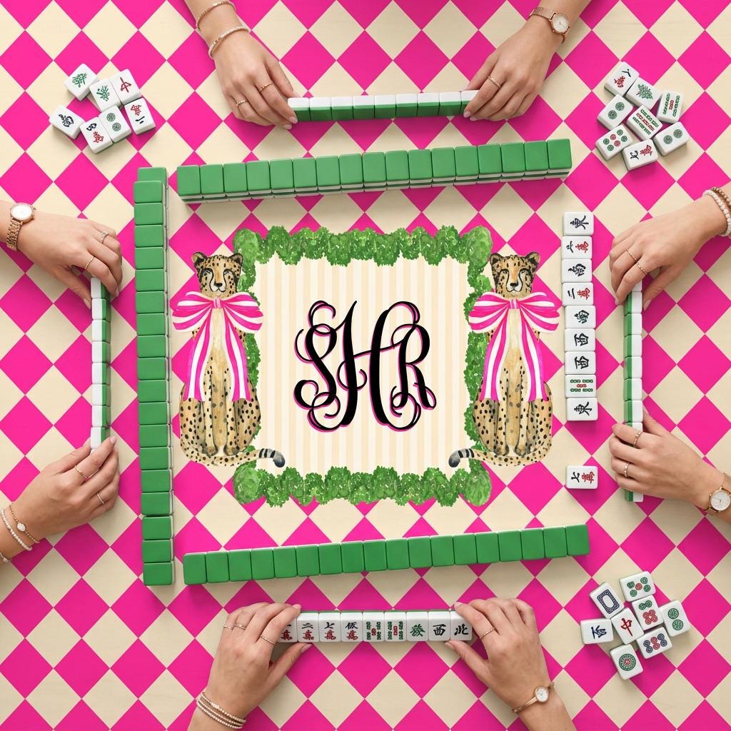 Custom Mahjong Tablecloth, Card Game Table Cover, Monogram, Personalized, Letter, Initial, Preppy, Leopards, Pink Checkers