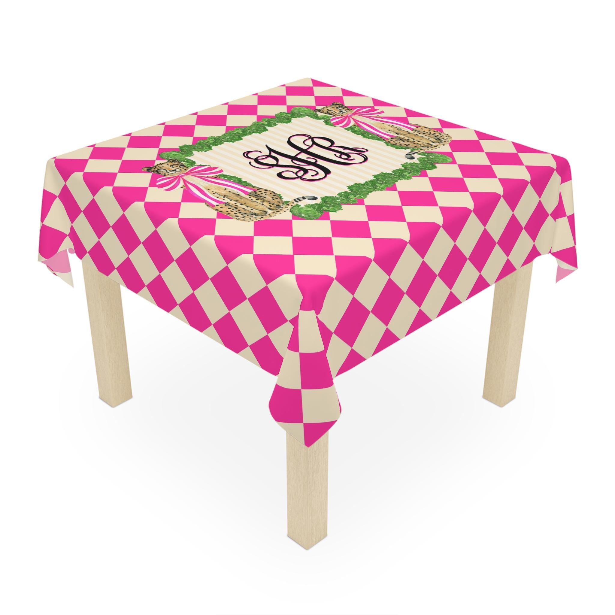 Custom Mahjong Tablecloth, Card Game Table Cover, Monogram, Personalized, Letter, Initial, Preppy, Leopards, Pink Checkers