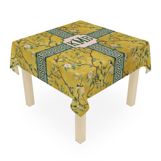 Custom Mahjong Tablecloth, Card Game Table Cover, Monogram, Personalized, Letter, Initial, Chinoiserie, Birds, Golden, Greek Key, Green Pink