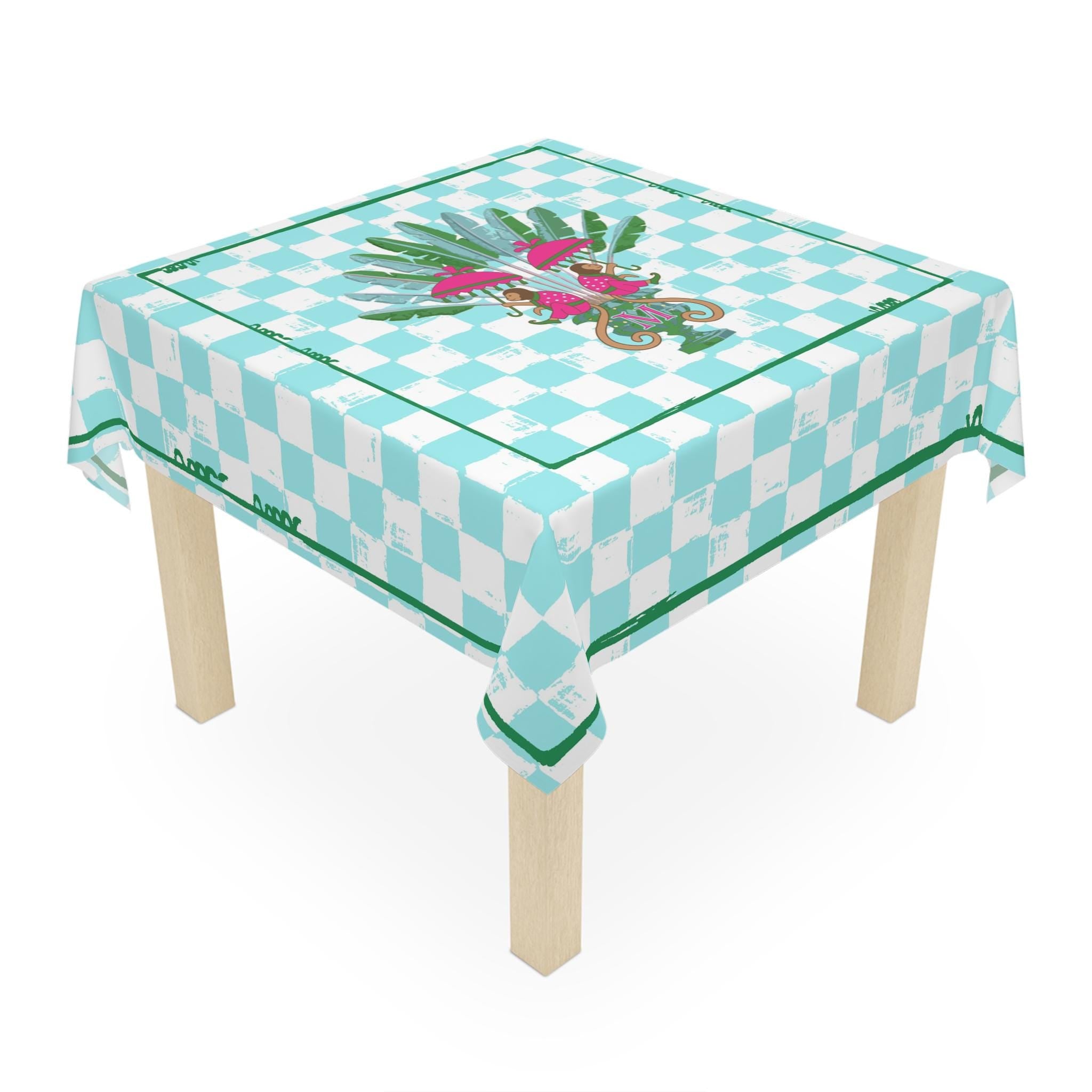 Custom Mahjong Tablecloth, Card Game Table Cover, Monogram, Personalized, Letter, Initial, Preppy Monkeys, Checker, Tropical Pink