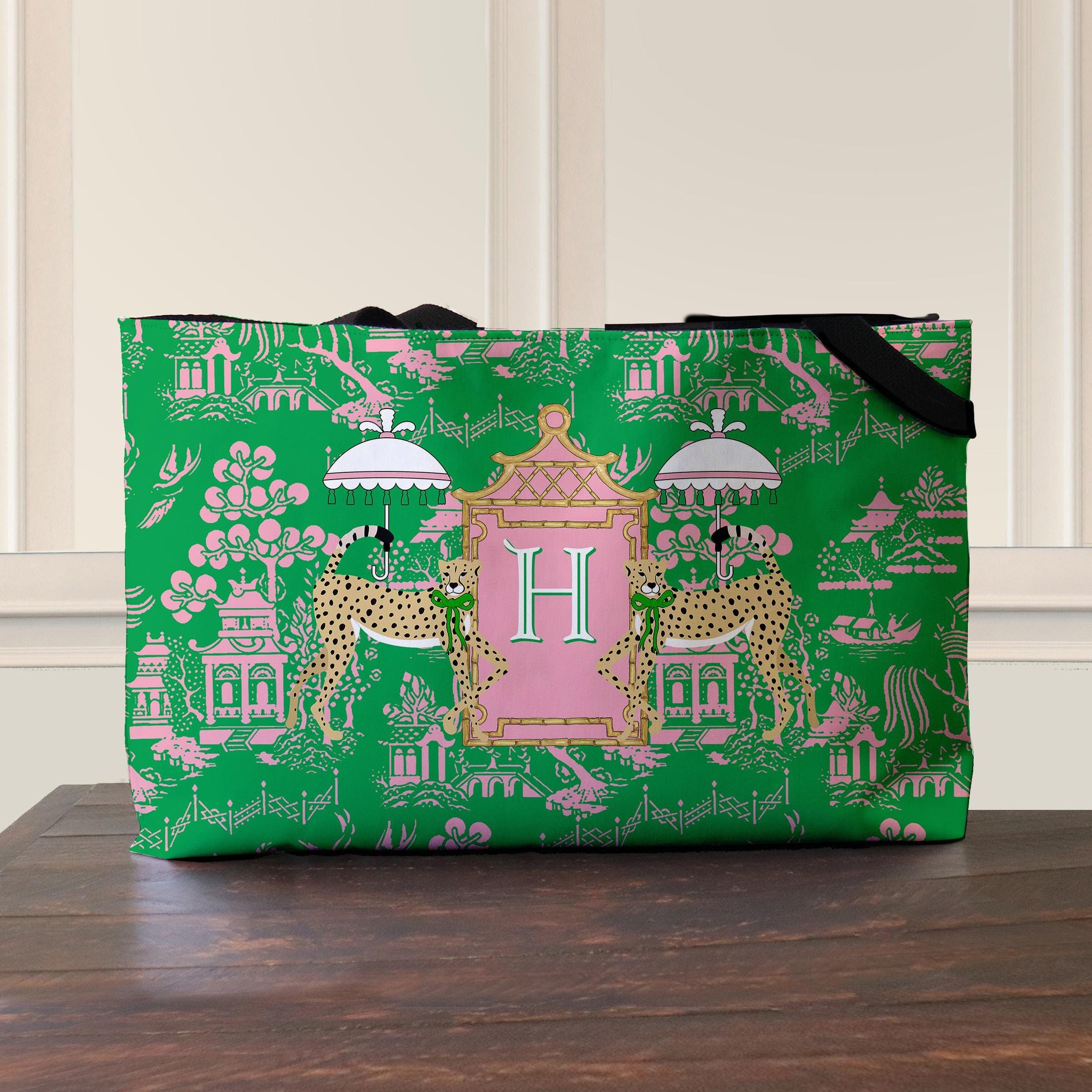 Custom Mahjong Tote Bag, Large Travel Bag, Monogram, Rope, Personalized, Letter, Initial, Dice, Toile, Chinoiserie, Leopards, Mahjong Gift