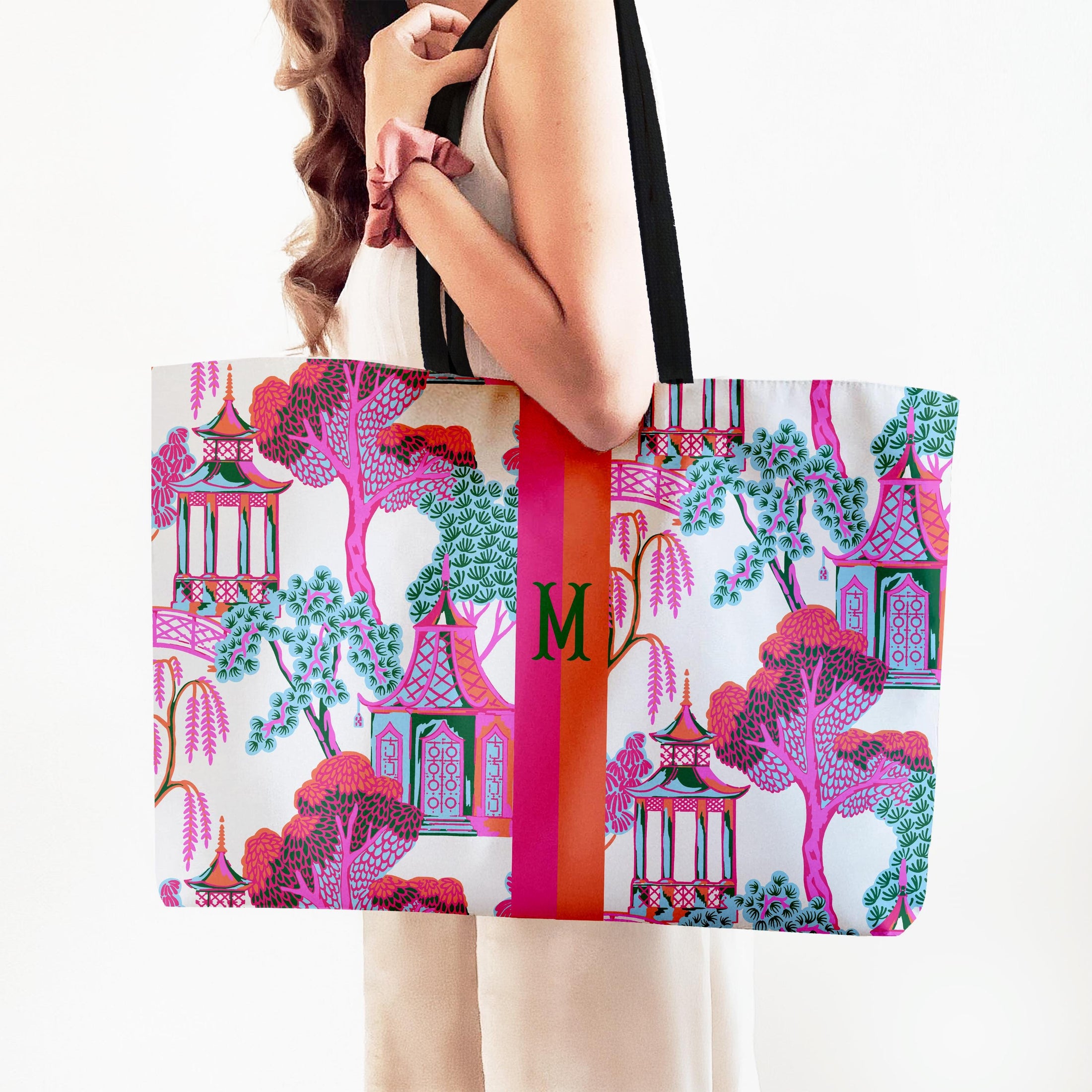 Custom Mahjong Tote Bag, Large Travel Bag, Monogram, Rope, Personalized, Letter, Initial, Dice, Chinoiserie, Pagoda, Fun, Mahjong Gift