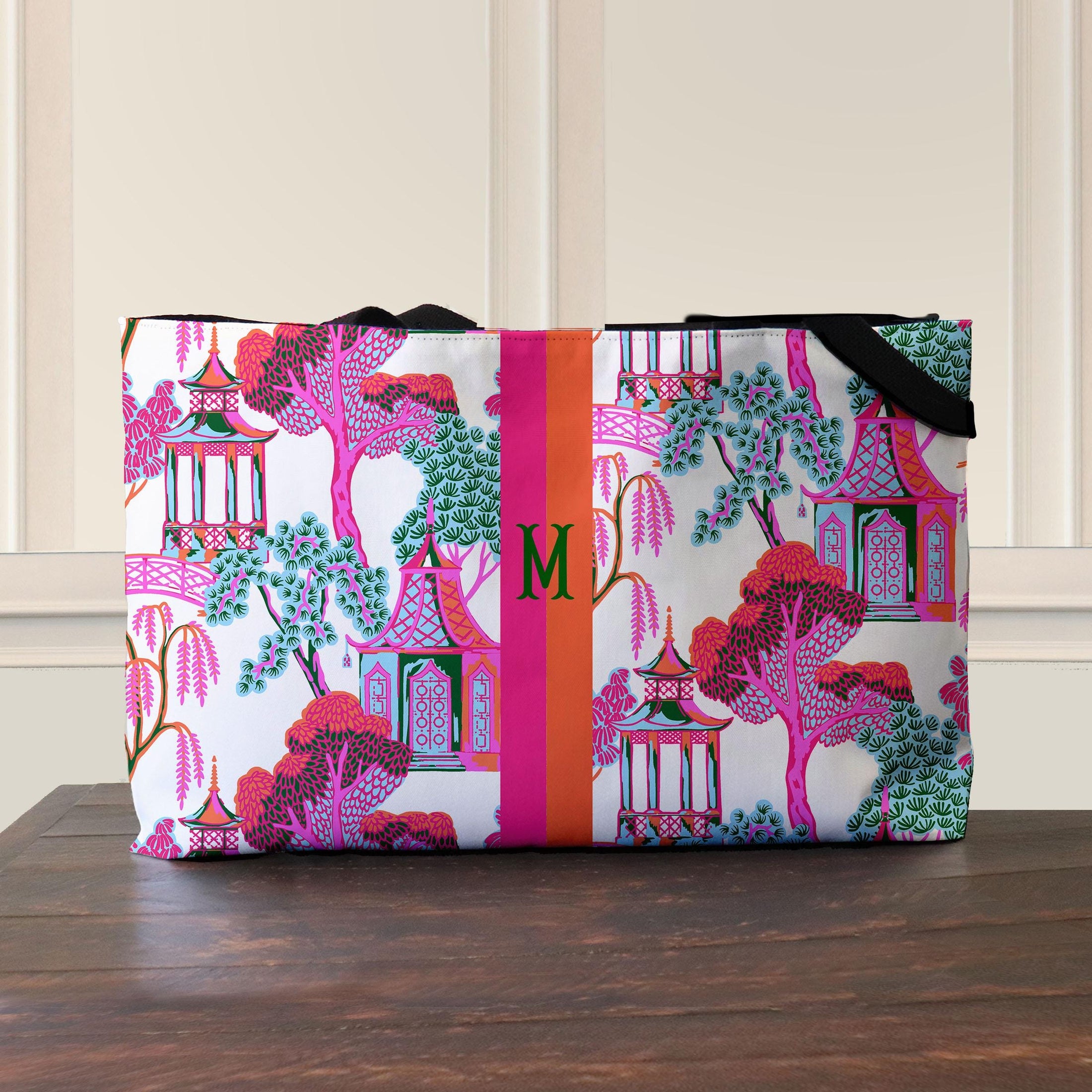 Custom Mahjong Tote Bag, Large Travel Bag, Monogram, Rope, Personalized, Letter, Initial, Dice, Chinoiserie, Pagoda, Fun, Mahjong Gift
