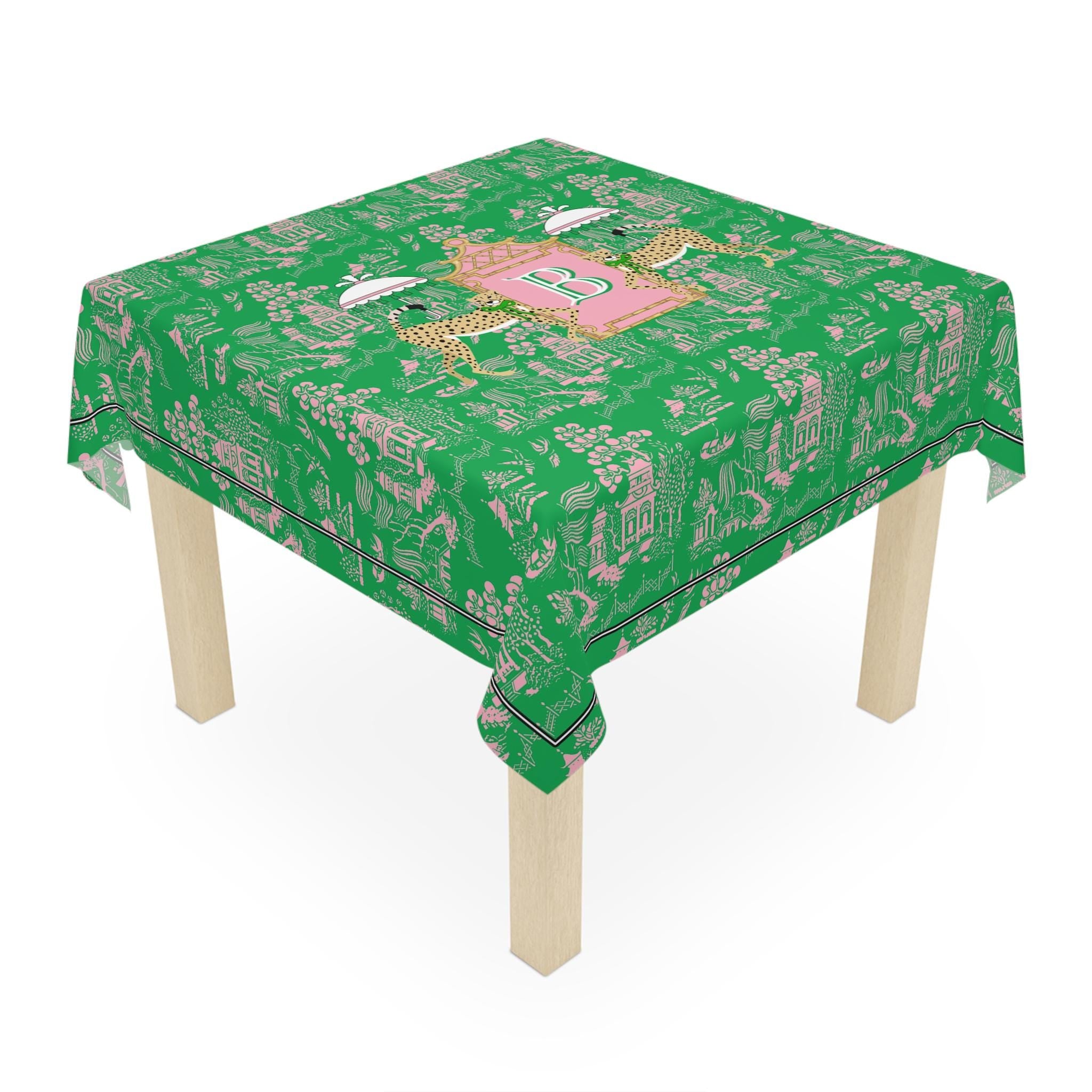 Custom Mahjong Tablecloth, Card Game Cover, Monogram, Personalized, Letter, Initial, Chinoiserie, Leopard, Cheetah, Umbrella, Pink, Green