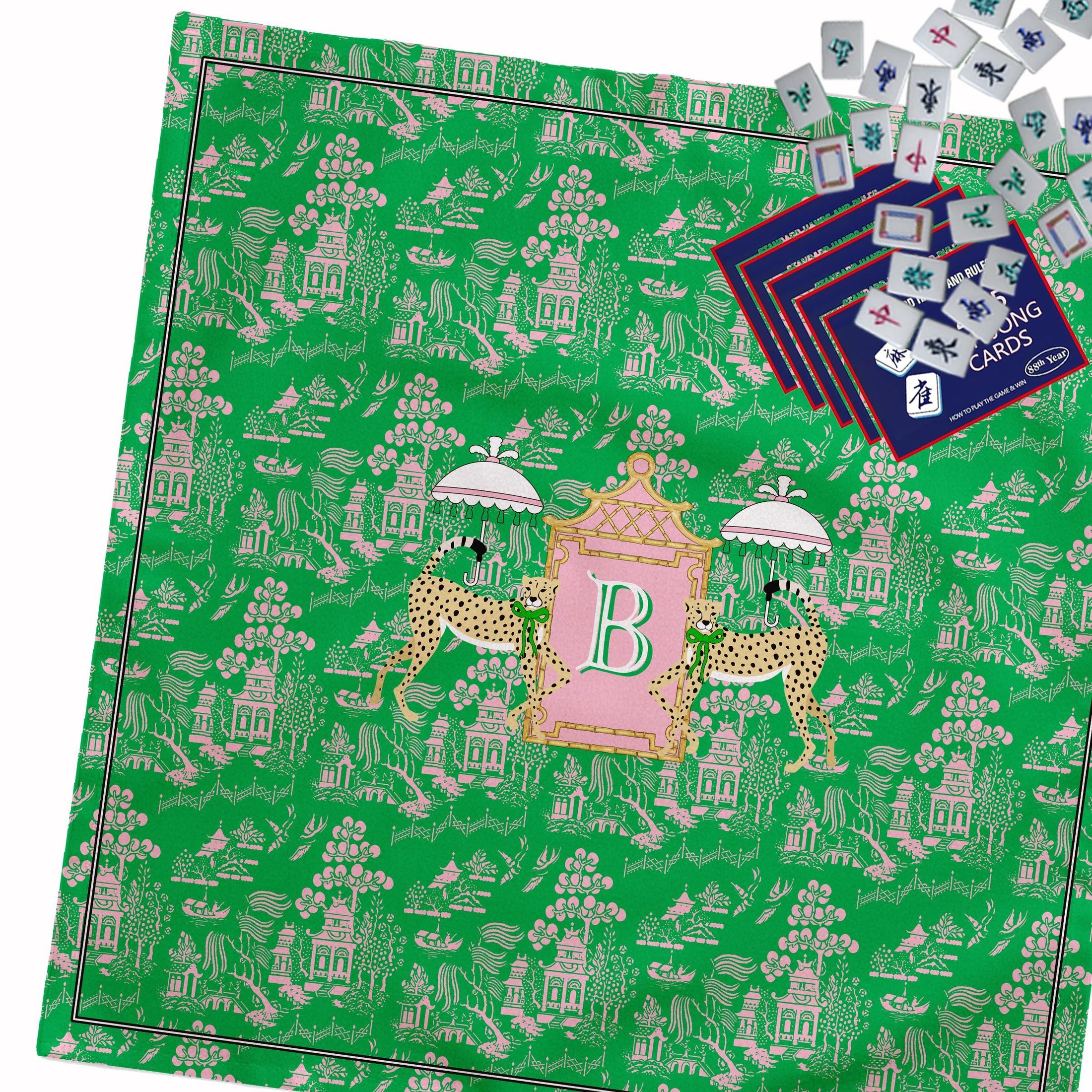 Custom Mahjong Tablecloth, Card Game Cover, Monogram, Personalized, Letter, Initial, Chinoiserie, Leopard, Cheetah, Umbrella, Pink, Green