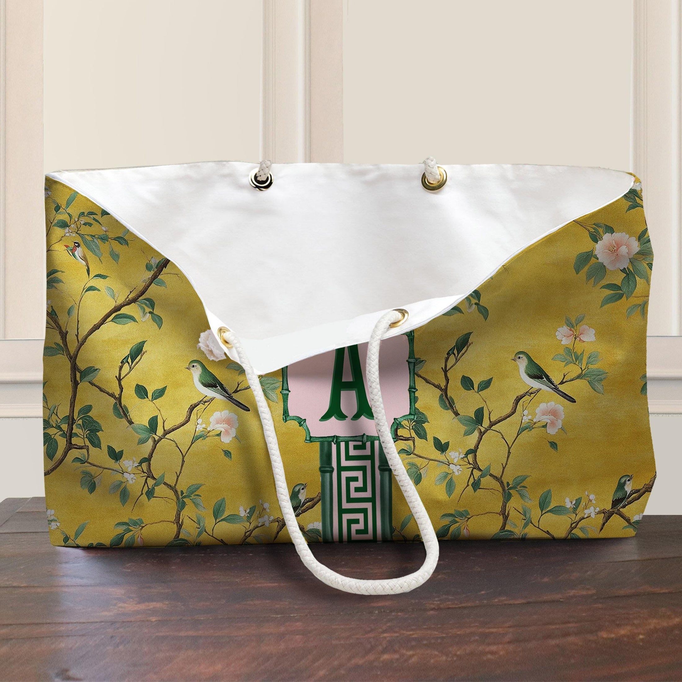 Custom Mahjong Tote Bag, Large Travel Bag, Monogram, Rope, Personalized, Letter, Initial, Dice, Golden Antique Chinoiserie, Vintage Birds