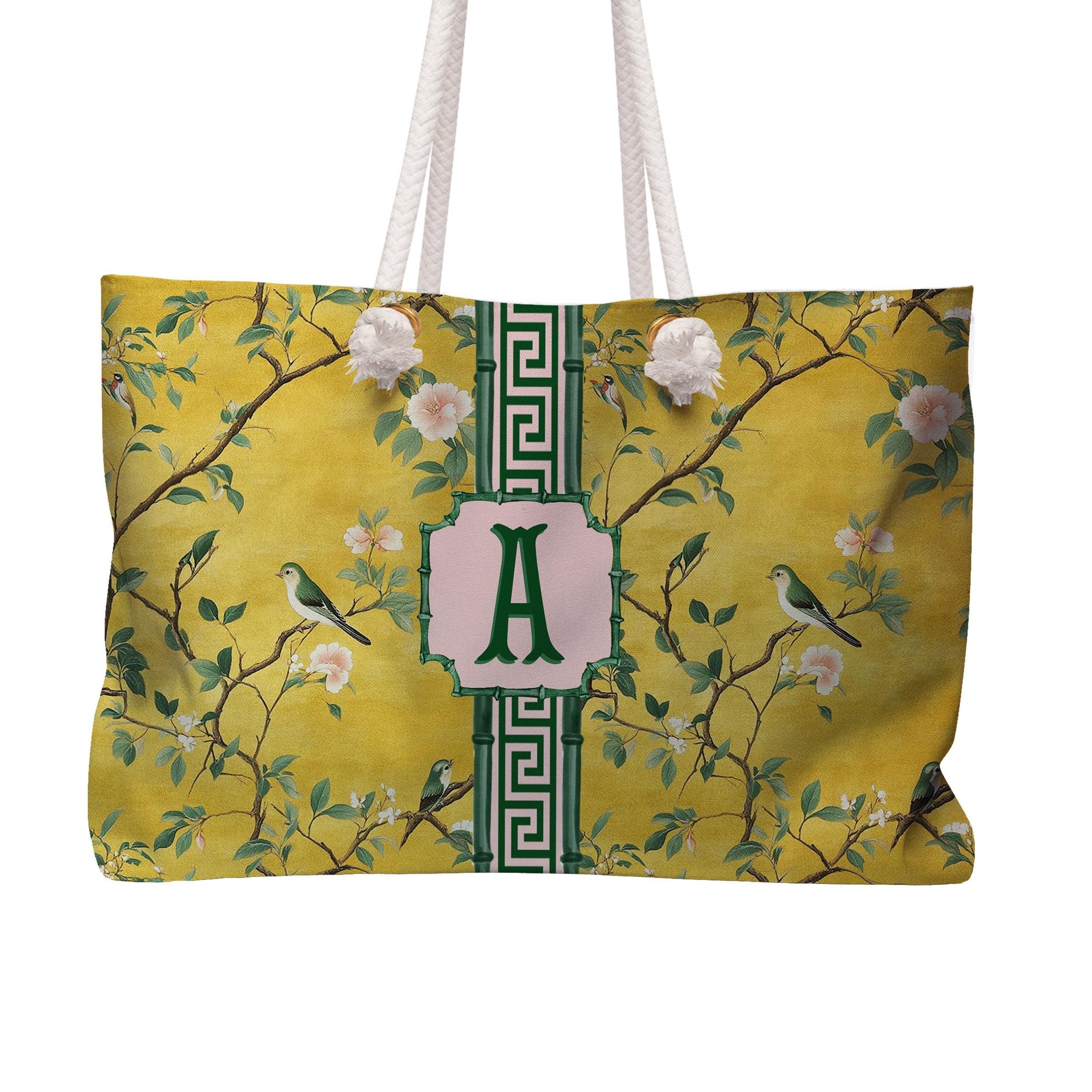 Custom Mahjong Tote Bag, Large Travel Bag, Monogram, Rope, Personalized, Letter, Initial, Dice, Golden Antique Chinoiserie, Vintage Birds