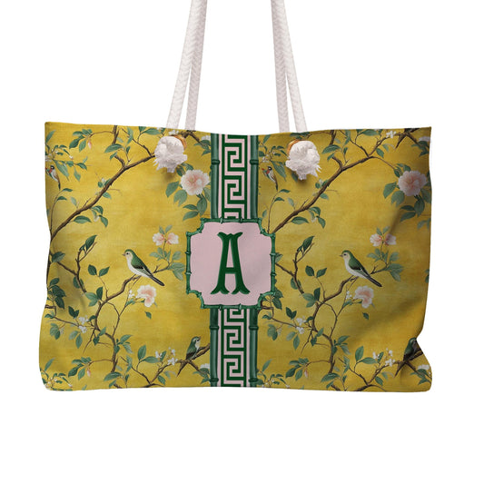 Custom Mahjong Tote Bag, Large Travel Bag, Monogram, Rope, Personalized, Letter, Initial, Dice, Golden Antique Chinoiserie, Vintage Birds
