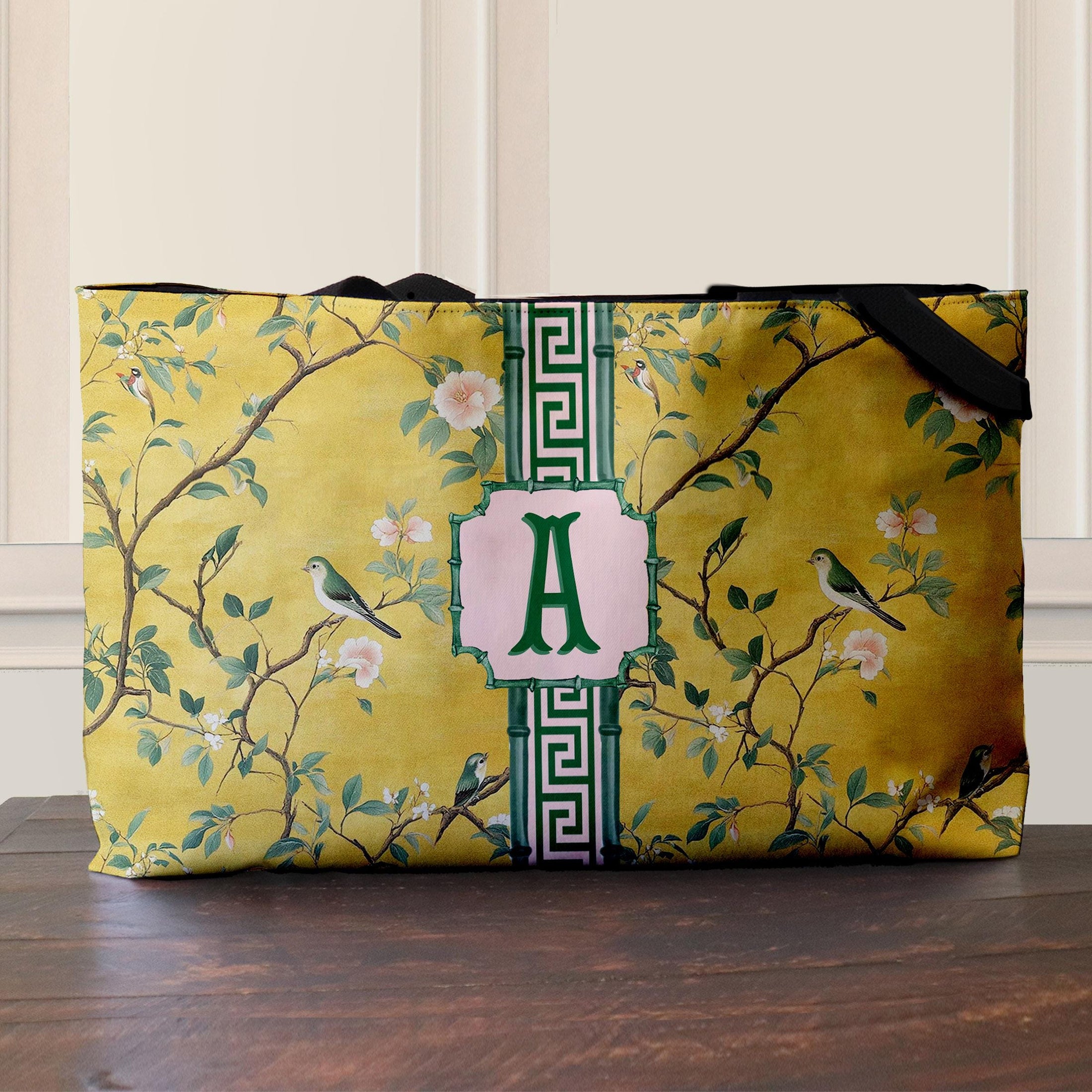 Custom Mahjong Tote Bag, Large Travel Bag, Monogram, Rope, Personalized, Letter, Initial, Dice, Golden Antique Chinoiserie, Vintage Birds