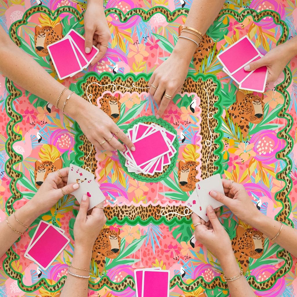 Custom Mahjong Tablecloth, Card Game Cover, Monogram, Personalized, Letter, Initial, Chinoiserie, Leopard, Cheetah, Bright Pink, Green,