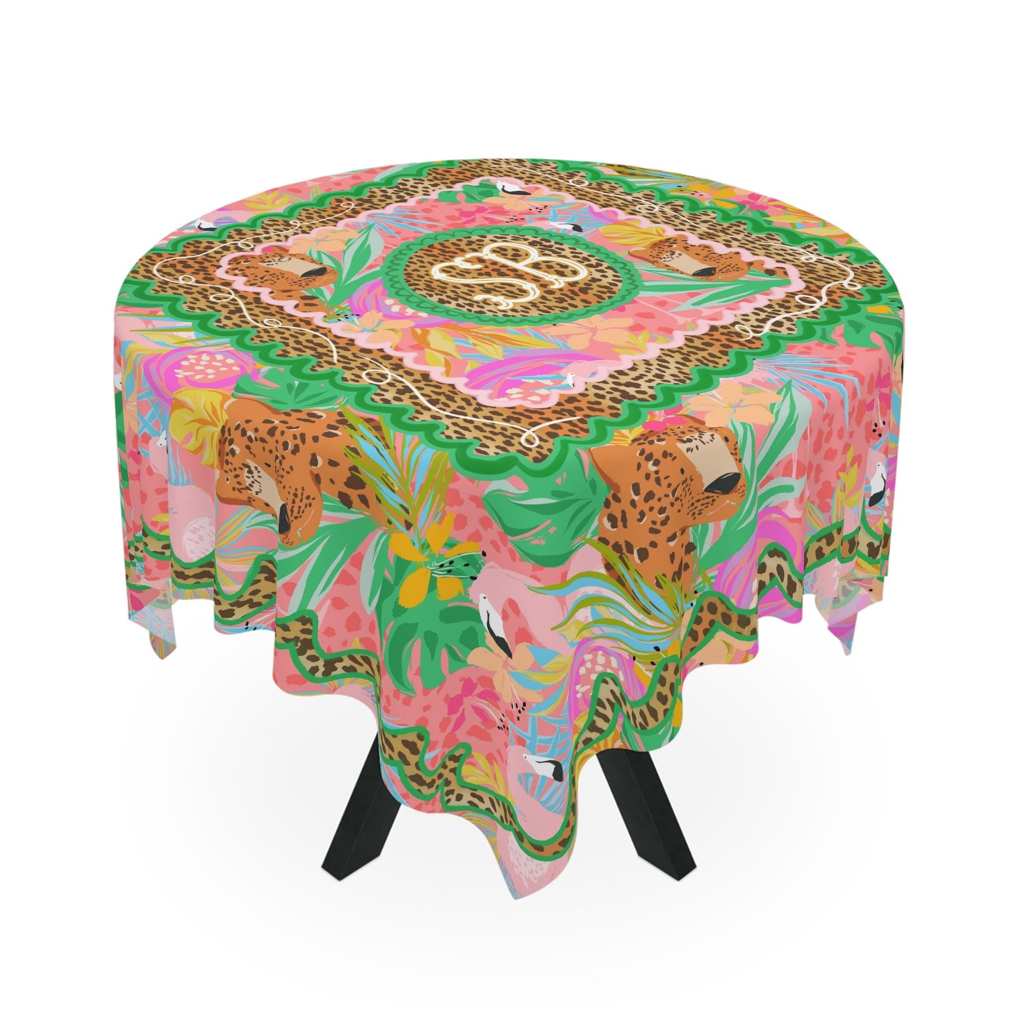 Custom Mahjong Tablecloth, Card Game Cover, Monogram, Personalized, Letter, Initial, Chinoiserie, Leopard, Cheetah, Bright Pink, Green,