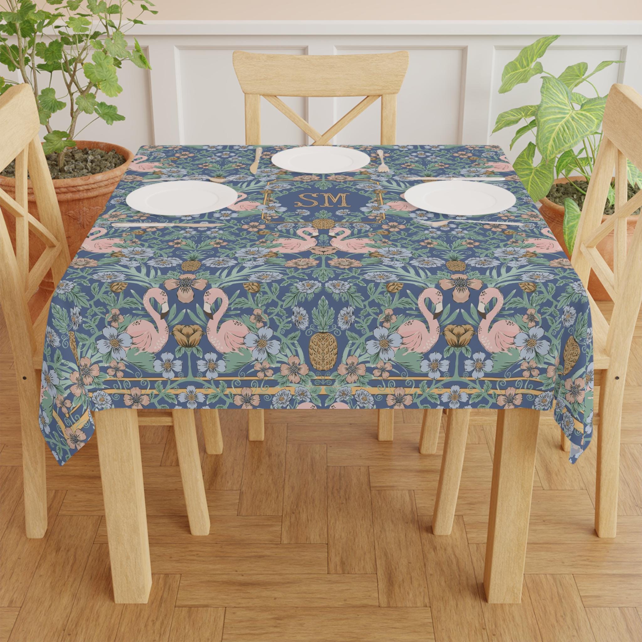 Custom Tablecloth, Card Game Cover, Mahjong Table Cover, Monogram, Personalized, Letter, Initial, Tropical Damask, Vintage Flamingo, Classy